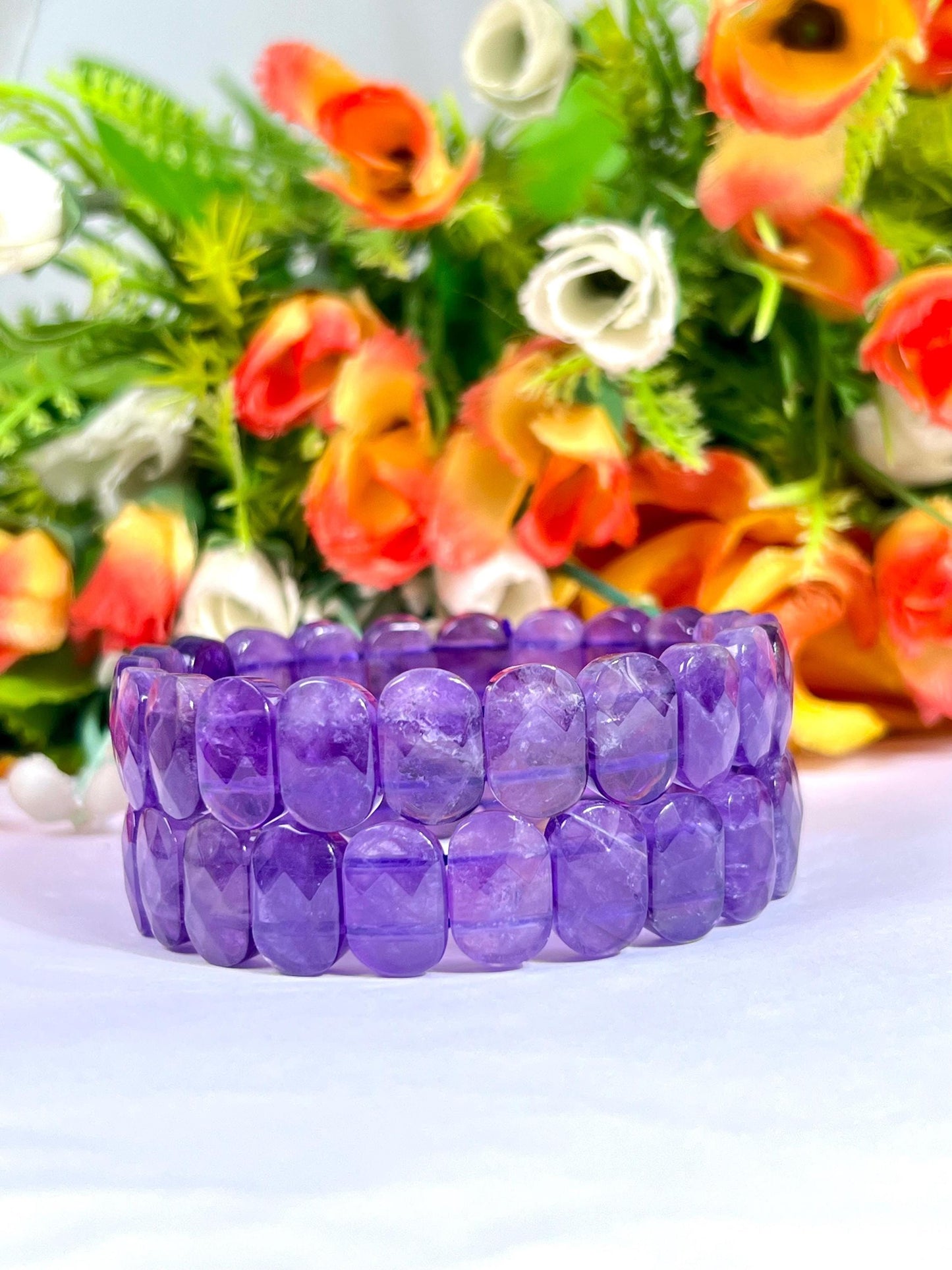 15 MM Amethyst Stone Bracelet l Stretchable Bracelet AAAAA +++++