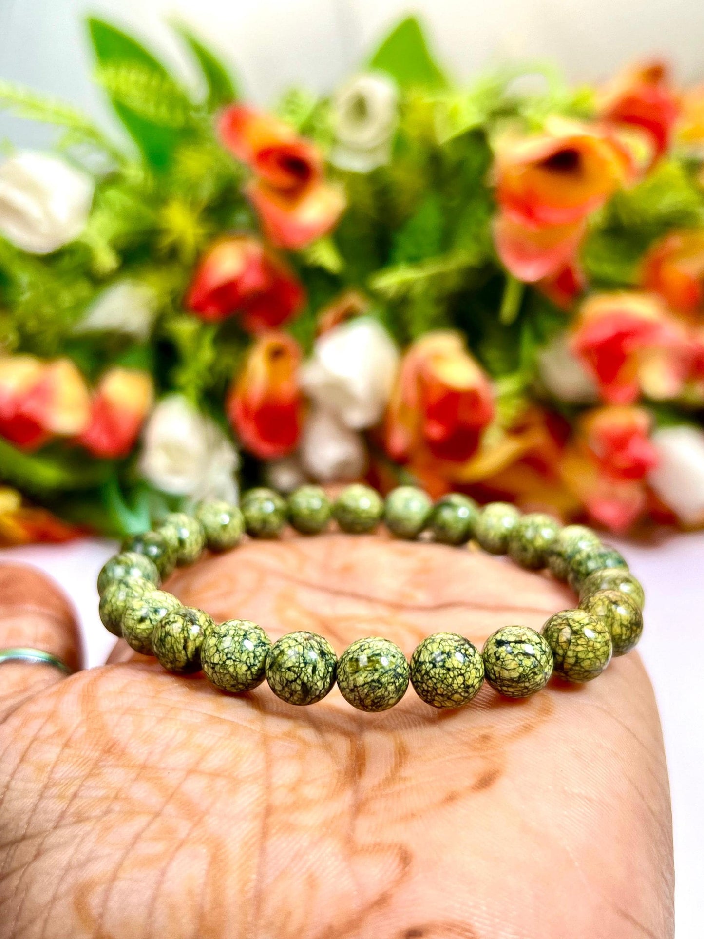 Russian Serpentine Stone Bracelet l Stretchable Bracelet l Unisex Bracelet l 8 MM Bracelet
