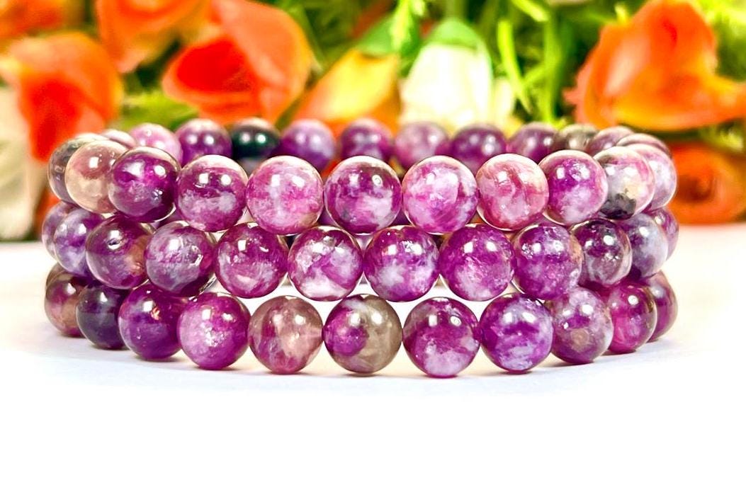 Red Purple Star Lepidolite Stone Bracelet l Stretchable Bracelet l Unisex Bracelet l 8 MM Bracelet