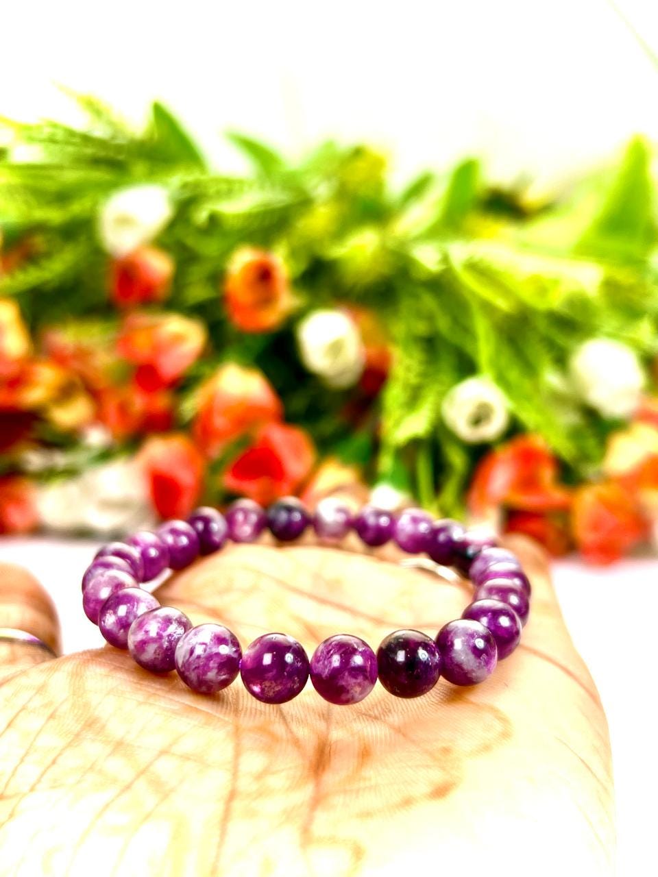 Red Purple Star Lepidolite Stone Bracelet l Stretchable Bracelet l Unisex Bracelet l 8 MM Bracelet