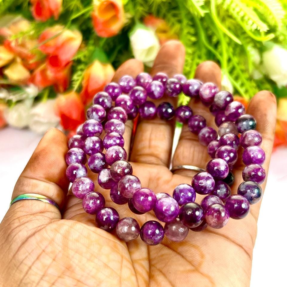 Red Purple Star Lepidolite Stone Bracelet l Stretchable Bracelet l Unisex Bracelet l 8 MM Bracelet