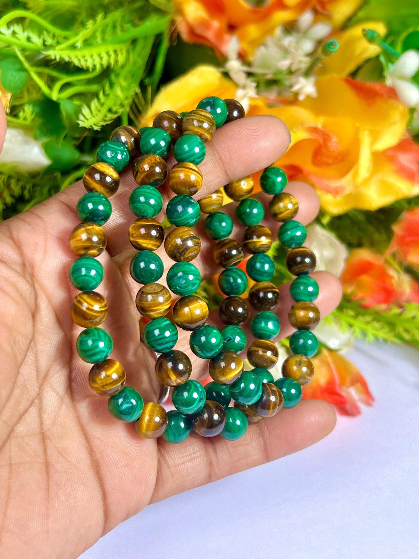 Malachite and Tiger's eye Stone Bracelet l Stretchable Bracelet l Unisex Bracelet l 8 MM Bracelet