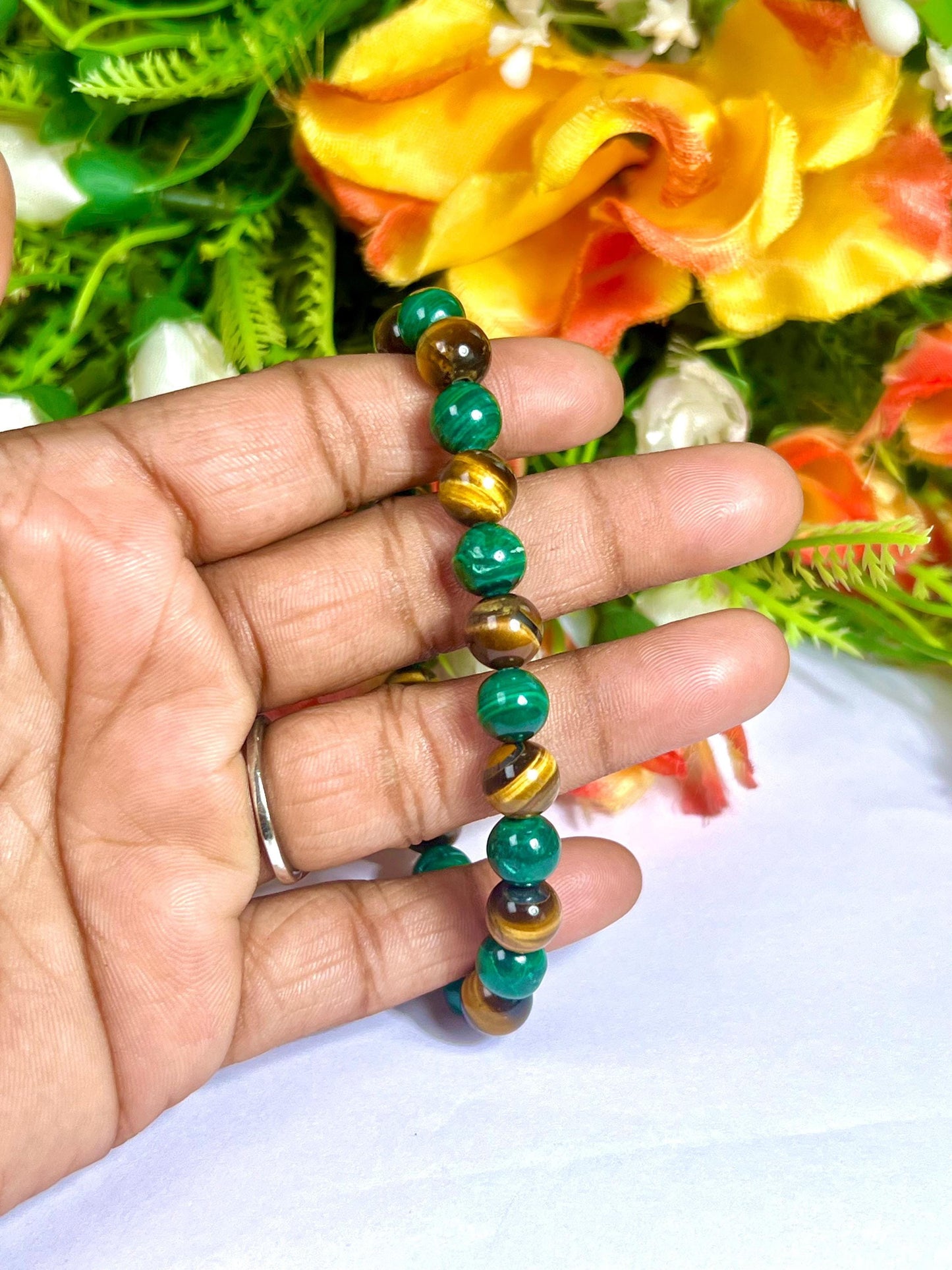 Malachite and Tiger's eye Stone Bracelet l Stretchable Bracelet l Unisex Bracelet l 8 MM Bracelet