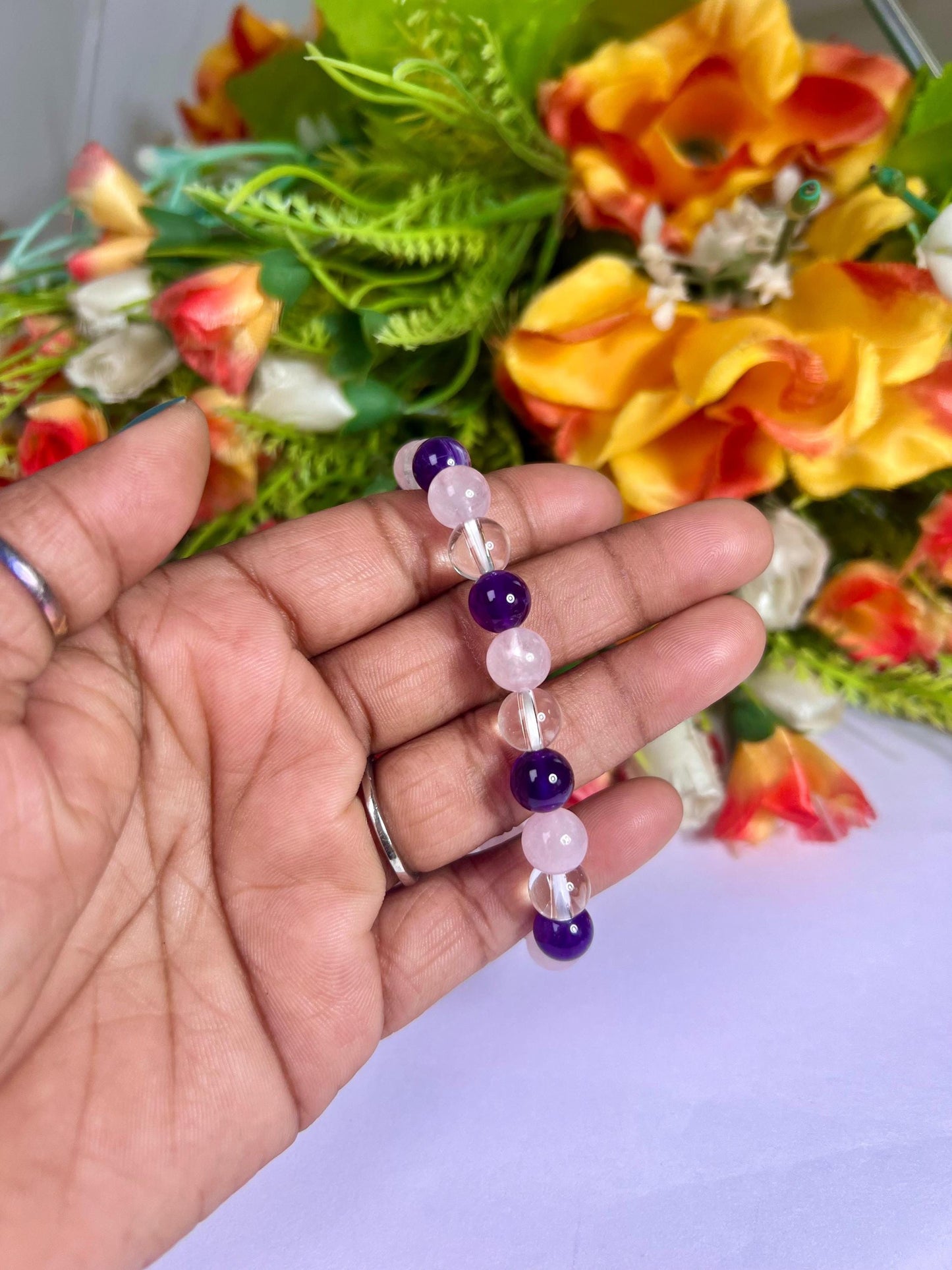 Rose Quartz Amethyst and Himalaya Crystal Stone Bracelet l Stretchable Bracelet l Unisex Bracelet l 8 MM Bracelet