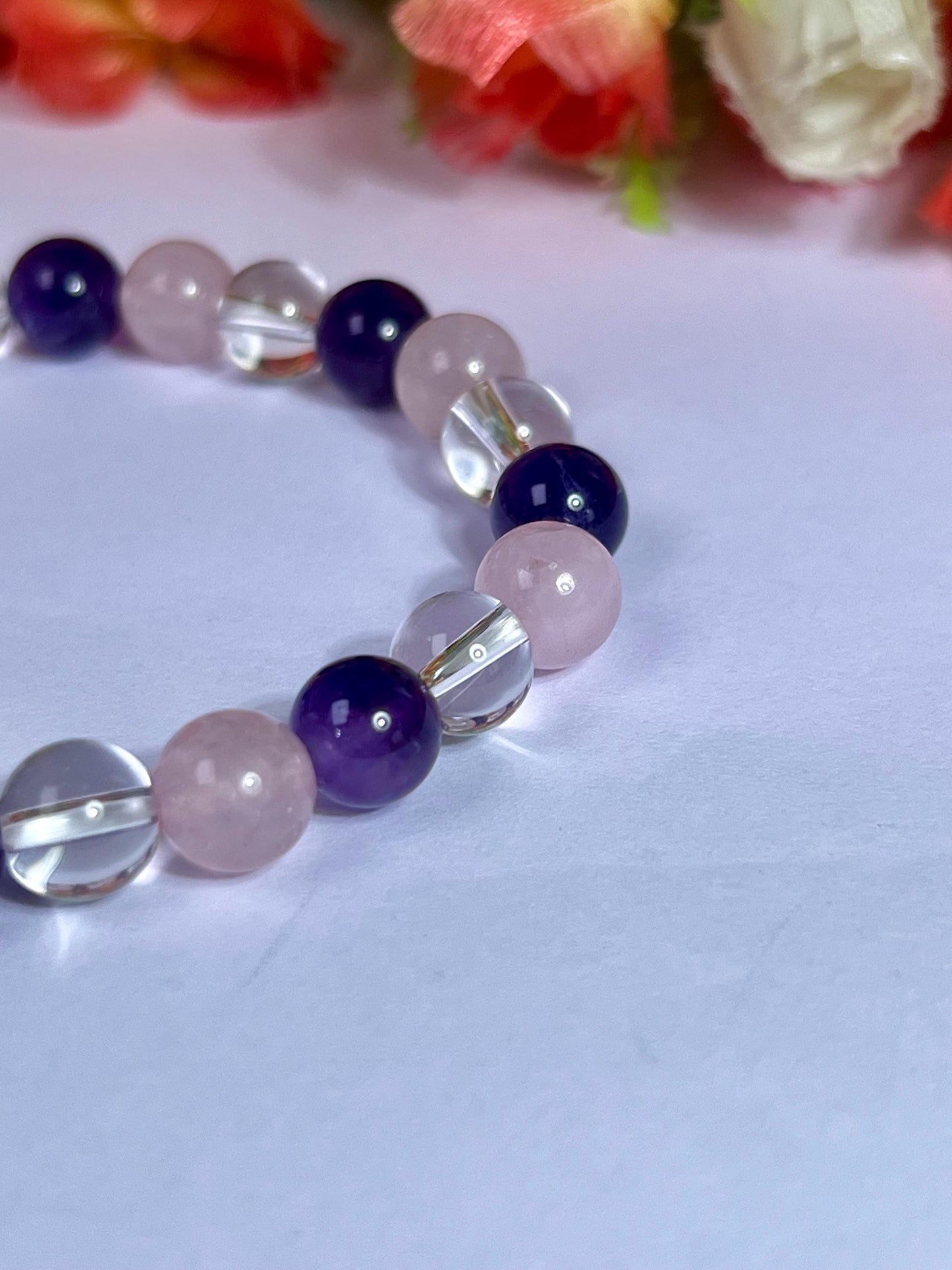 Rose Quartz Amethyst and Himalaya Crystal Stone Bracelet l Stretchable Bracelet l Unisex Bracelet l 8 MM Bracelet