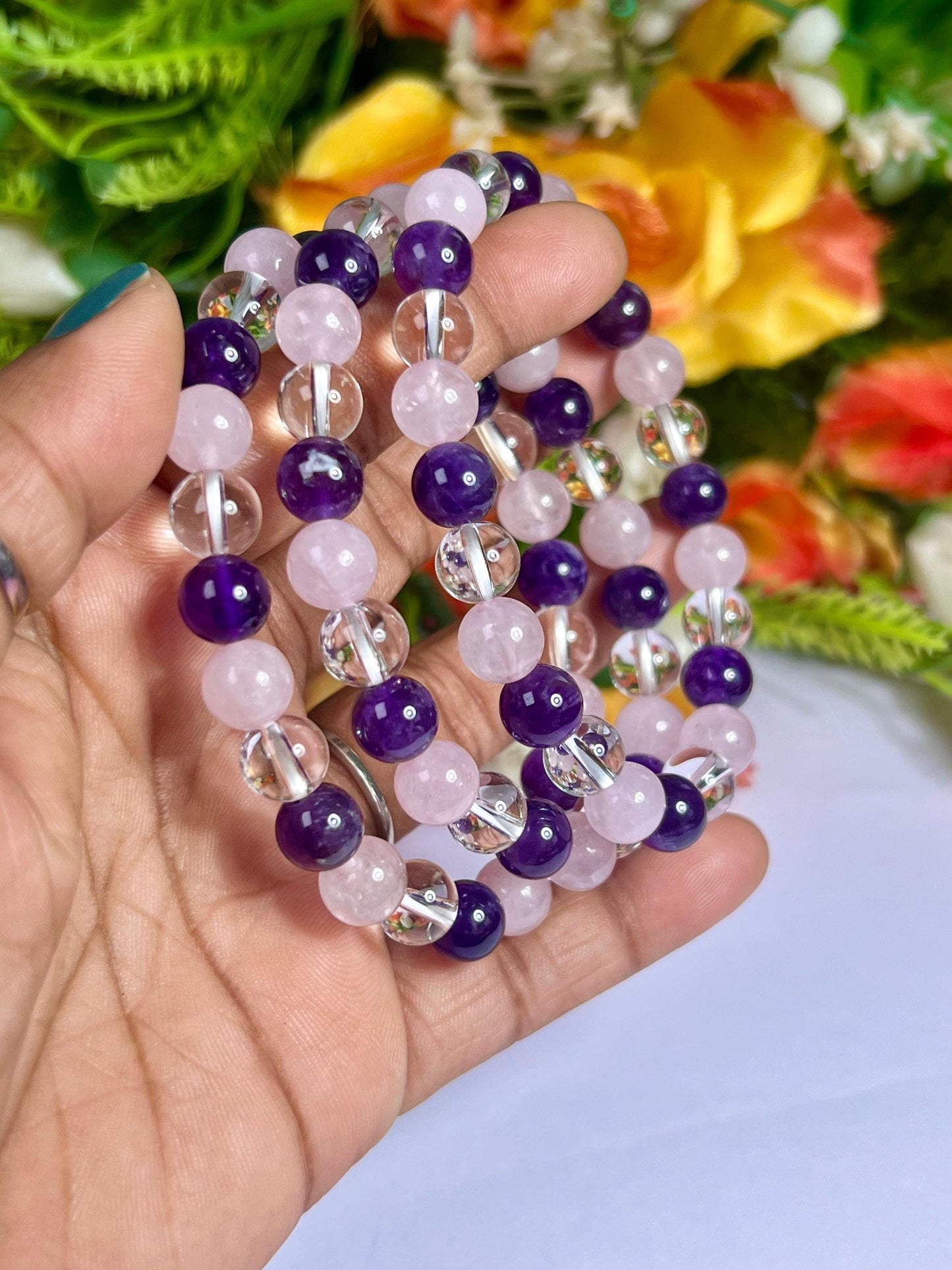 Rose Quartz Amethyst and Himalaya Crystal Stone Bracelet l Stretchable Bracelet l Unisex Bracelet l 8 MM Bracelet