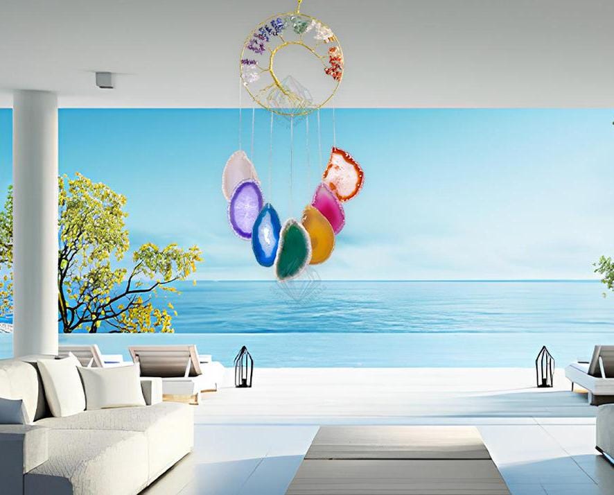 7 Seven Chakras Agate Slice with 7 Seven Chakras Tree of Life Windchime Feng Shui Vastu , Home & Office Décor, Housewarming Gift