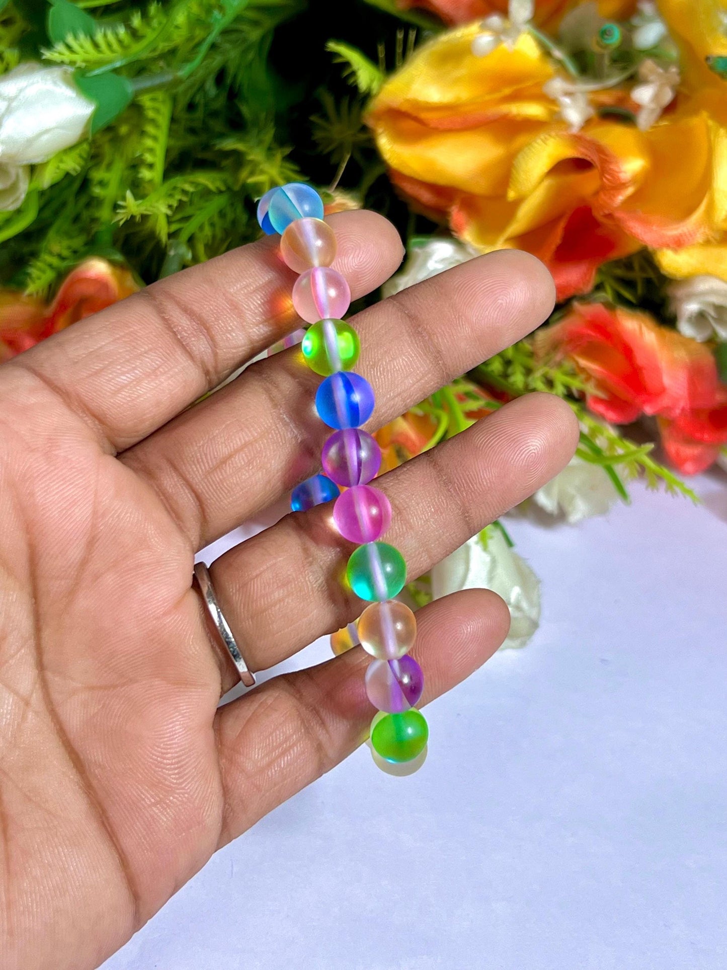 Rainbow Aurora Aura Quartz Stone Bracelet l Stretchable Bracelet l Unisex Bracelet l 8 MM Bracelet