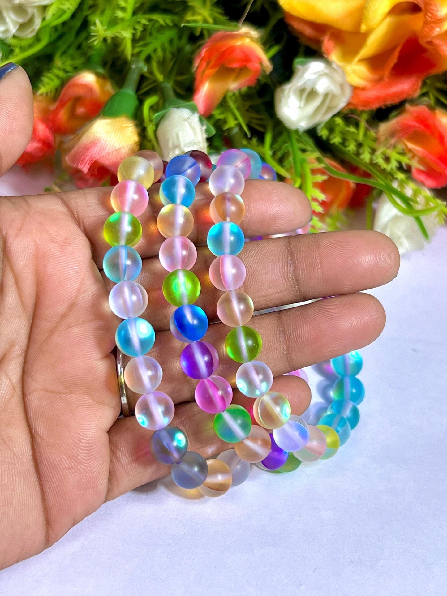 Rainbow Aurora Aura Quartz Stone Bracelet l Stretchable Bracelet l Unisex Bracelet l 8 MM Bracelet