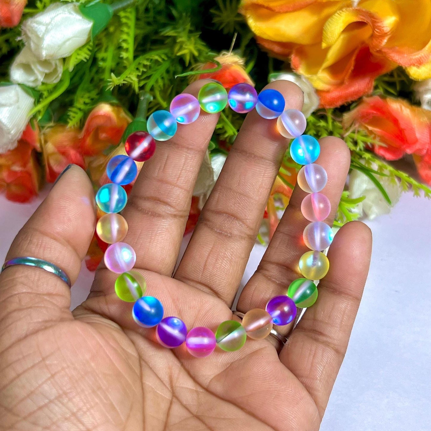 Rainbow Aurora Aura Quartz Stone Bracelet l Stretchable Bracelet l Unisex Bracelet l 8 MM Bracelet