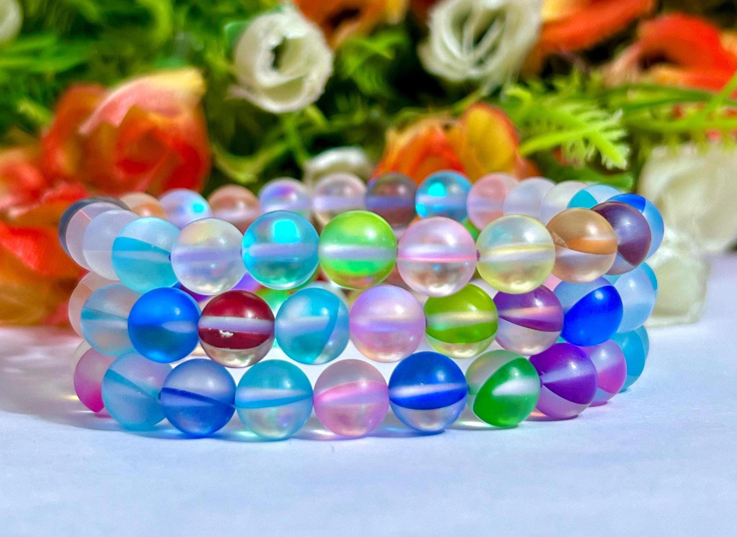 Rainbow Aurora Aura Quartz Stone Bracelet l Stretchable Bracelet l Unisex Bracelet l 8 MM Bracelet