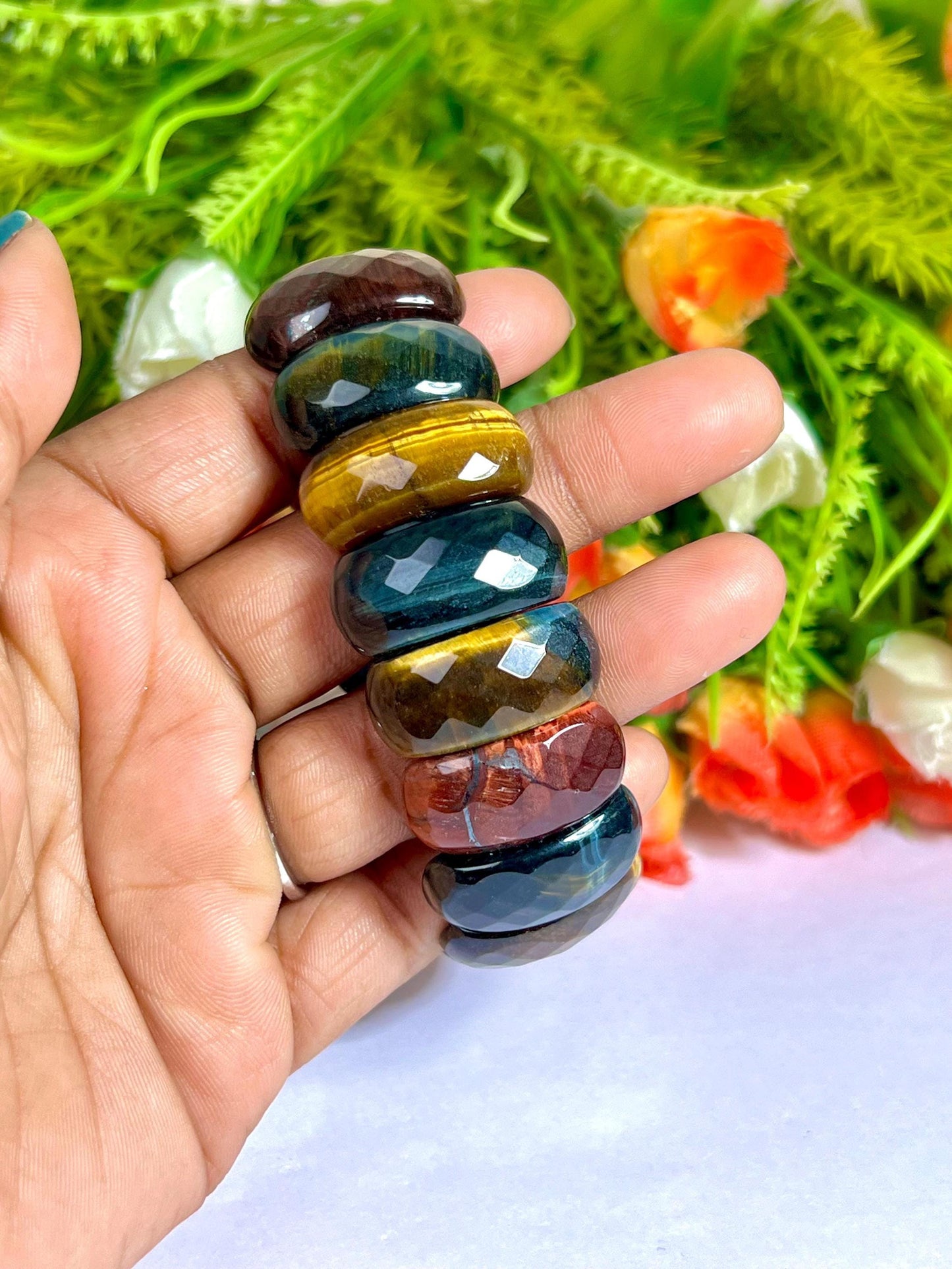 25 MM 3 Color Tiger Eye Stone Bracelet l Blue Tiger Eye ,Red Tiger Eye and Yellow Tiger Eye l Stretchable Bracelet High Grade