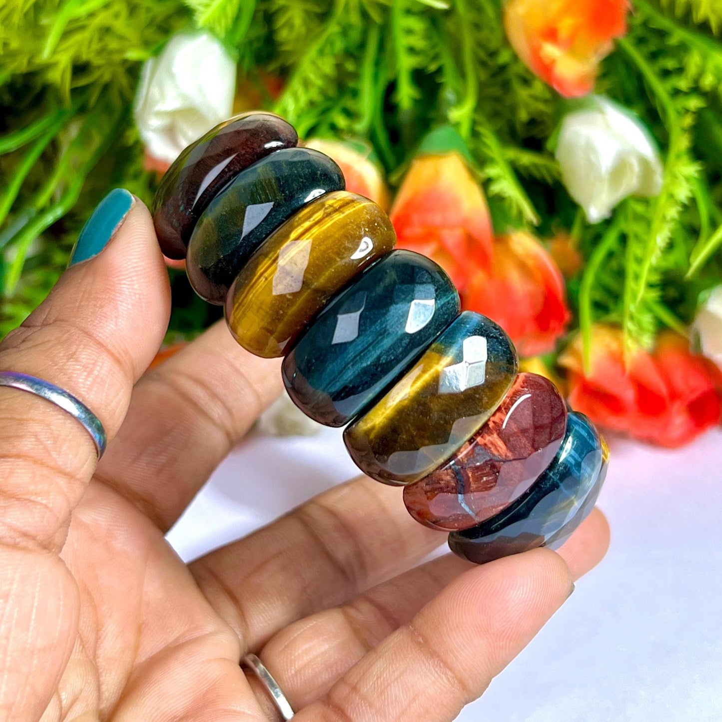 25 MM 3 Color Tiger Eye Stone Bracelet l Blue Tiger Eye ,Red Tiger Eye and Yellow Tiger Eye l Stretchable Bracelet High Grade