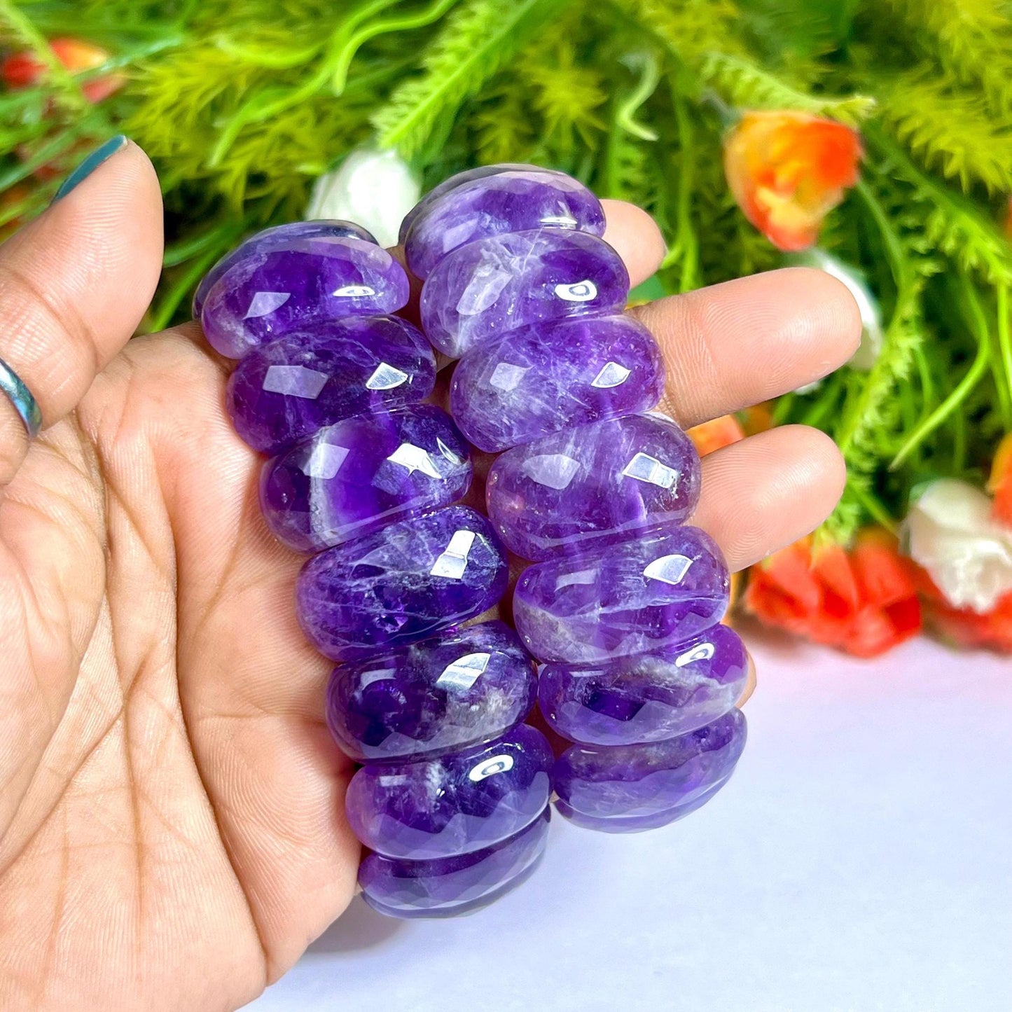 25 MM Amethyst Stone Bracelet l Stretchable Bracelet High Grade