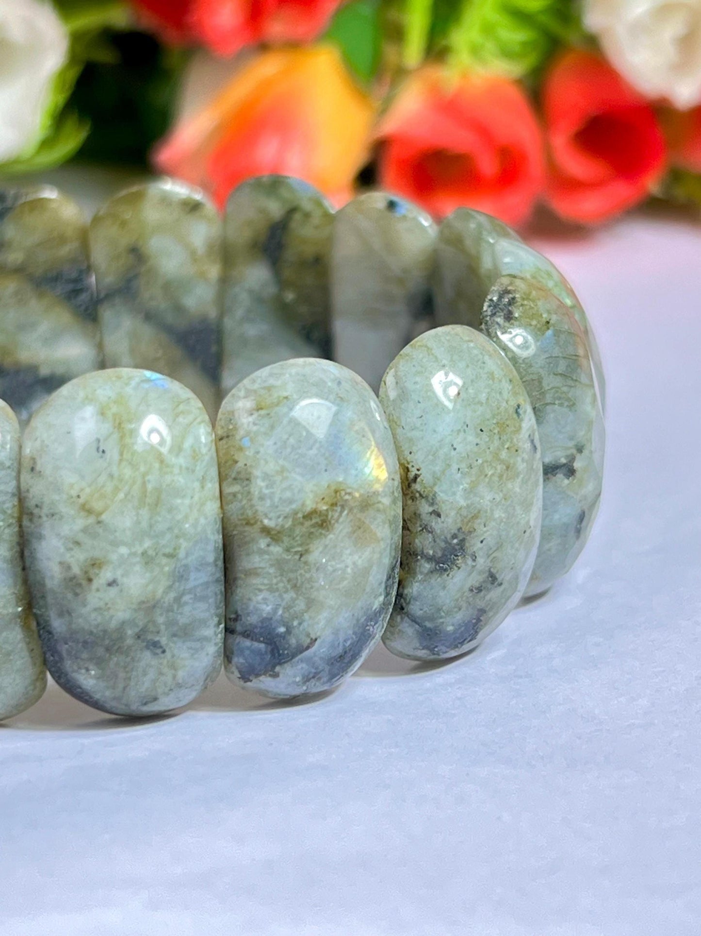 25 MM Rainbow Labradorite Stone Bracelet l Stretchable Bracelet