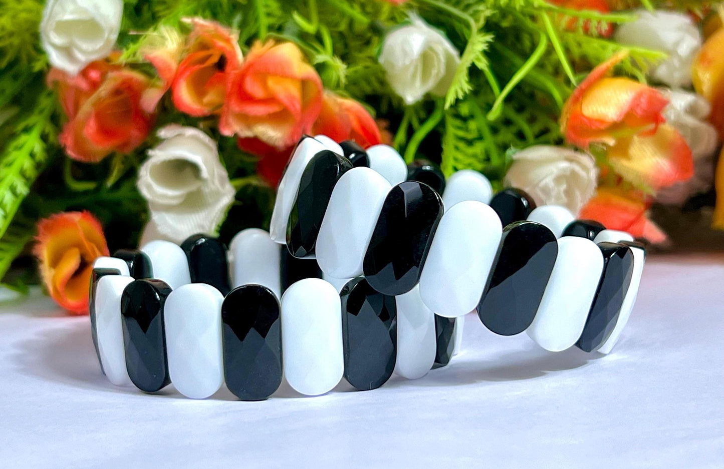20 MM Black Azeztulite and White Azeztulite Stone Bracelet l Stretchable Bracelet
