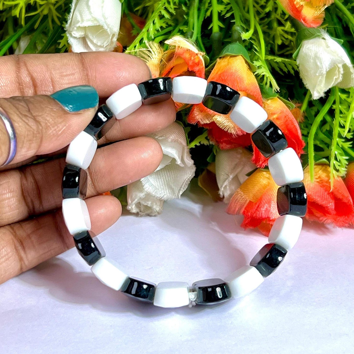 20 MM Black Azeztulite and White Azeztulite Stone Bracelet l Stretchable Bracelet