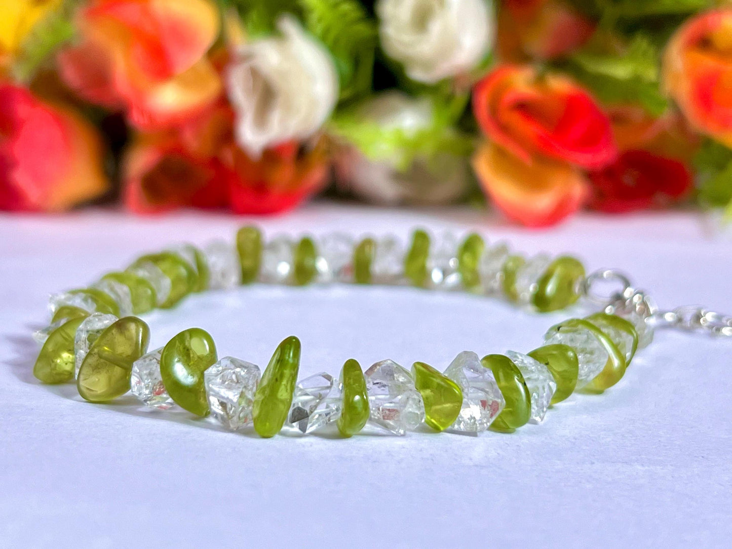 Herkimer Diamond and Peridot Stone Bracelet l Adjustable Bracelet l Unisex Bracelet