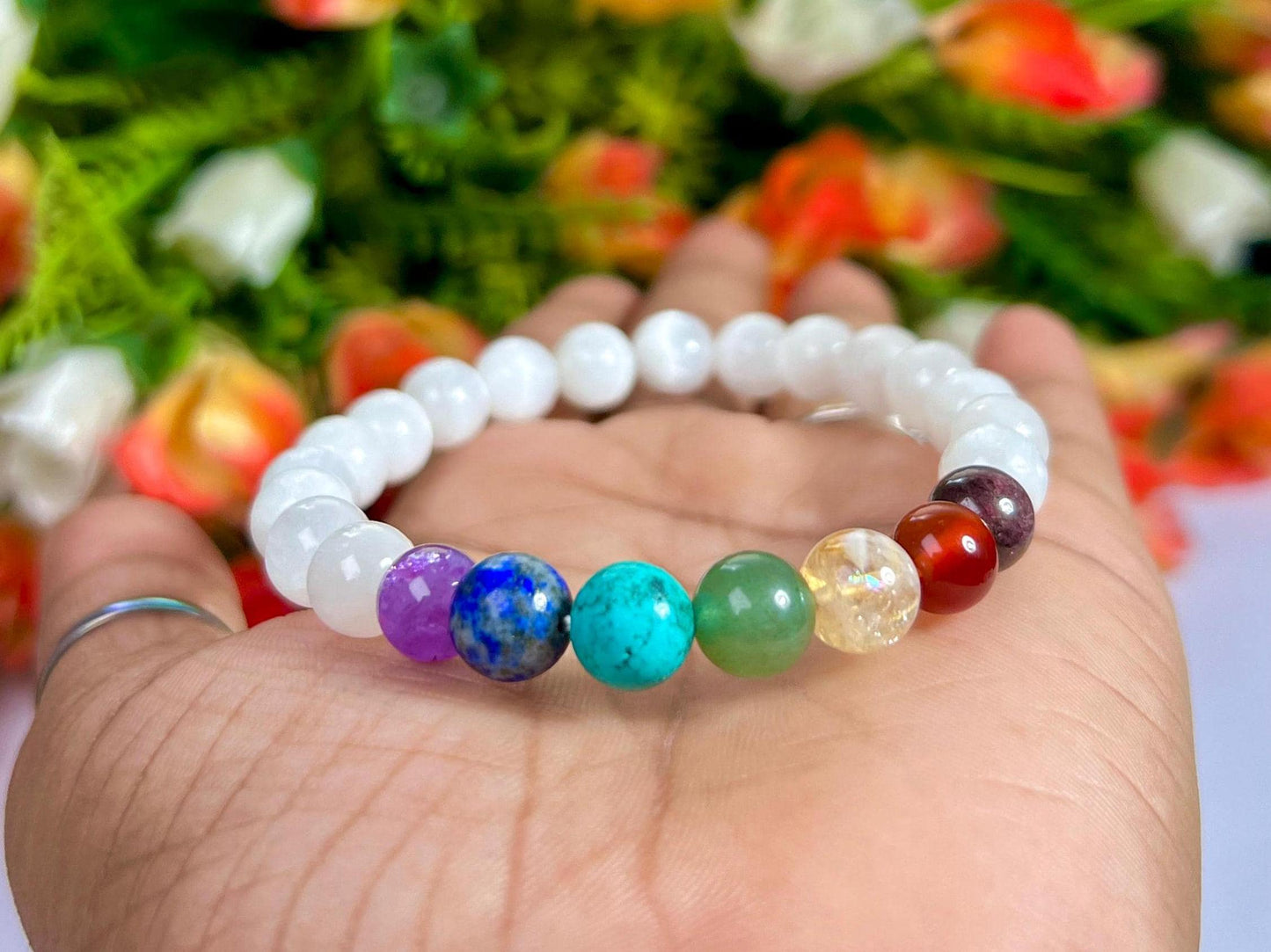 7 Chakra With Selenite Stone Bracelet l Stretchable Bracelet l Unisex Bracelet l 8 MM Bracelet