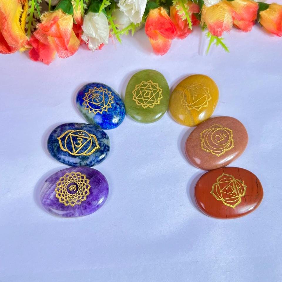 7 Seven Chakra Stones Reiki Symbol Oval Set With Switch Words, Engraved Healing Crystals Chakra Kit With Gift Pouch