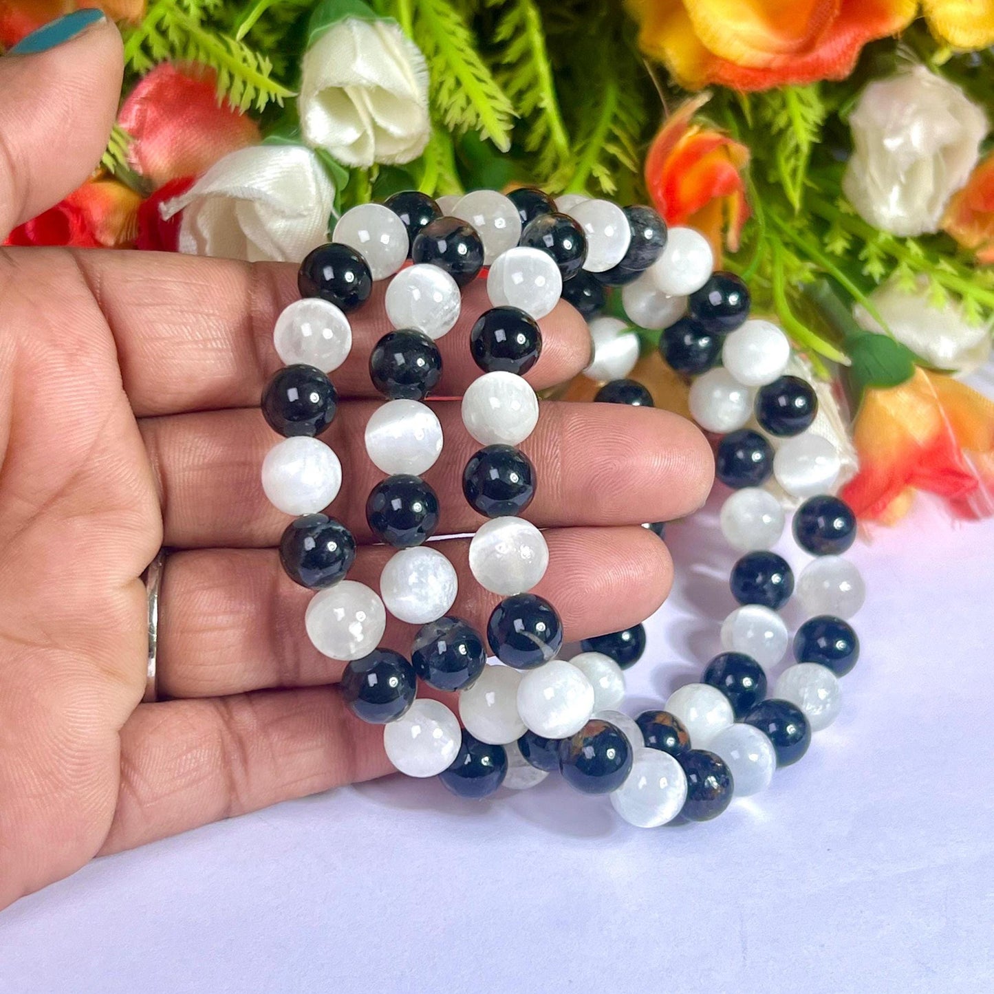 Black Tourmaline and Selenite Stone Bracelet l Stretchable Bracelet l Unisex Bracelet l 8 MM Bracelet