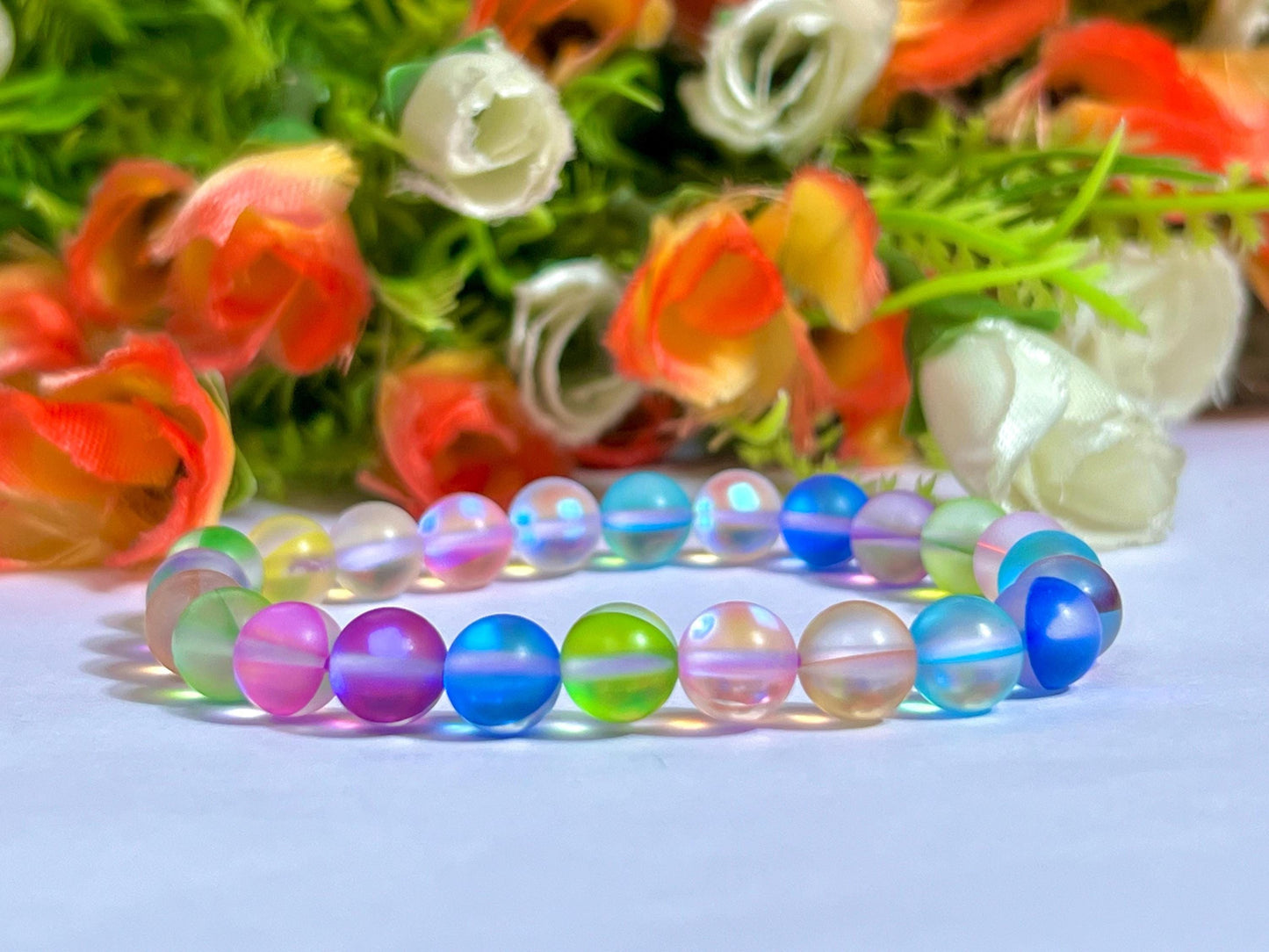 Rainbow Aurora Aura Quartz Stone Bracelet l Stretchable Bracelet l Unisex Bracelet l 8 MM Bracelet