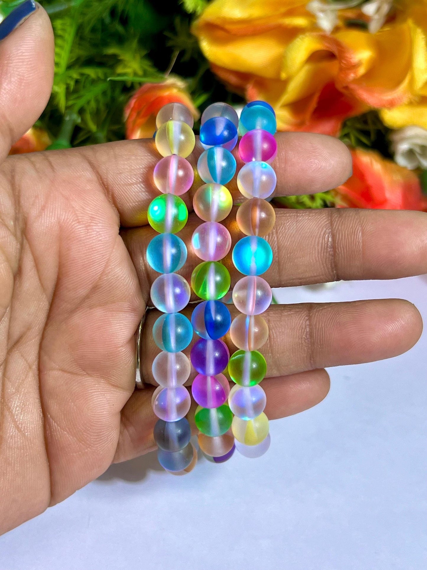 Rainbow Aurora Aura Quartz Stone Bracelet l Stretchable Bracelet l Unisex Bracelet l 8 MM Bracelet