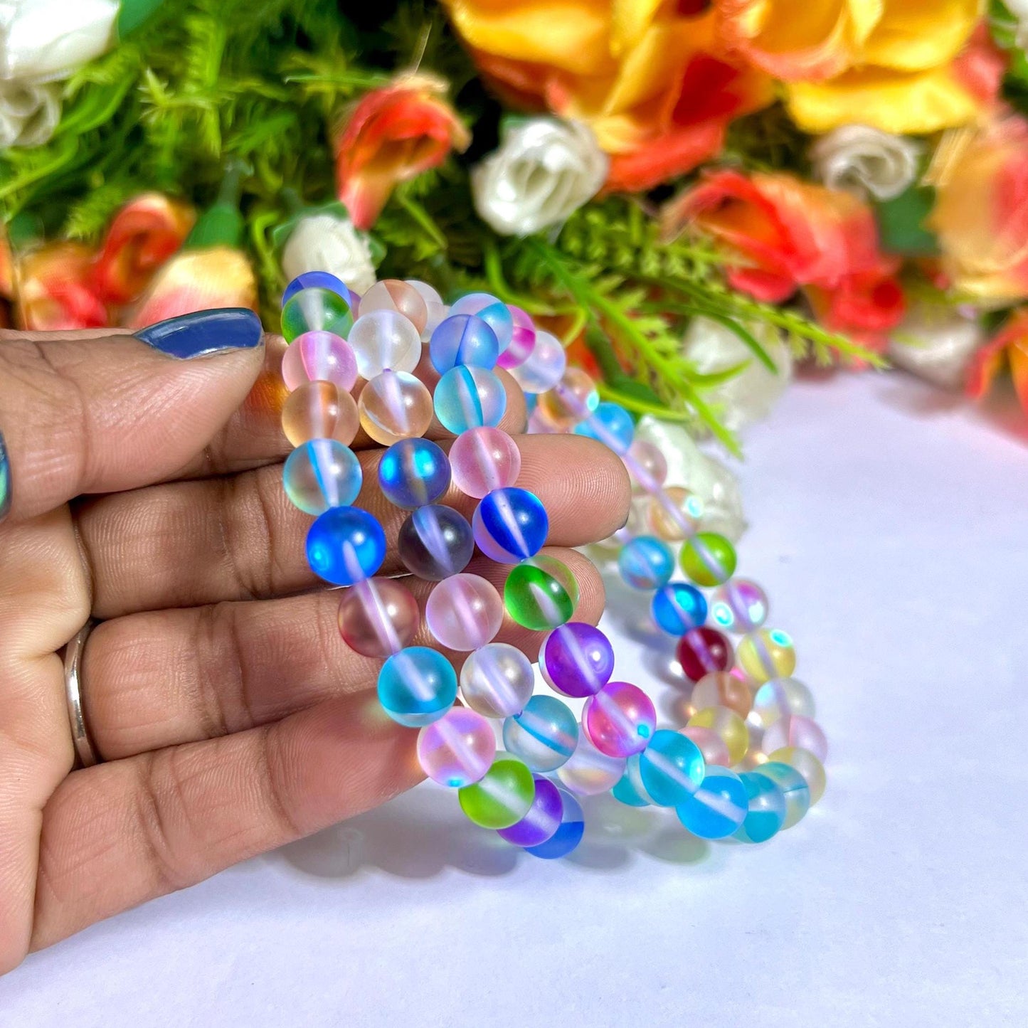 Rainbow Aurora Aura Quartz Stone Bracelet l Stretchable Bracelet l Unisex Bracelet l 8 MM Bracelet