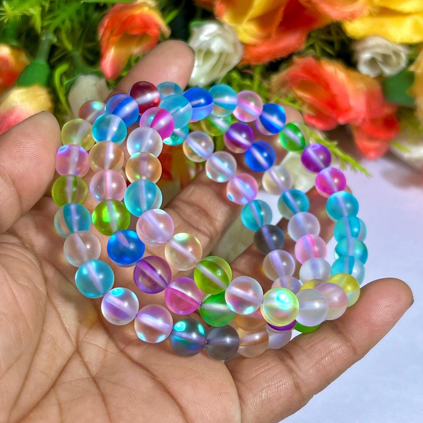 Rainbow Aurora Aura Quartz Stone Bracelet l Stretchable Bracelet l Unisex Bracelet l 8 MM Bracelet