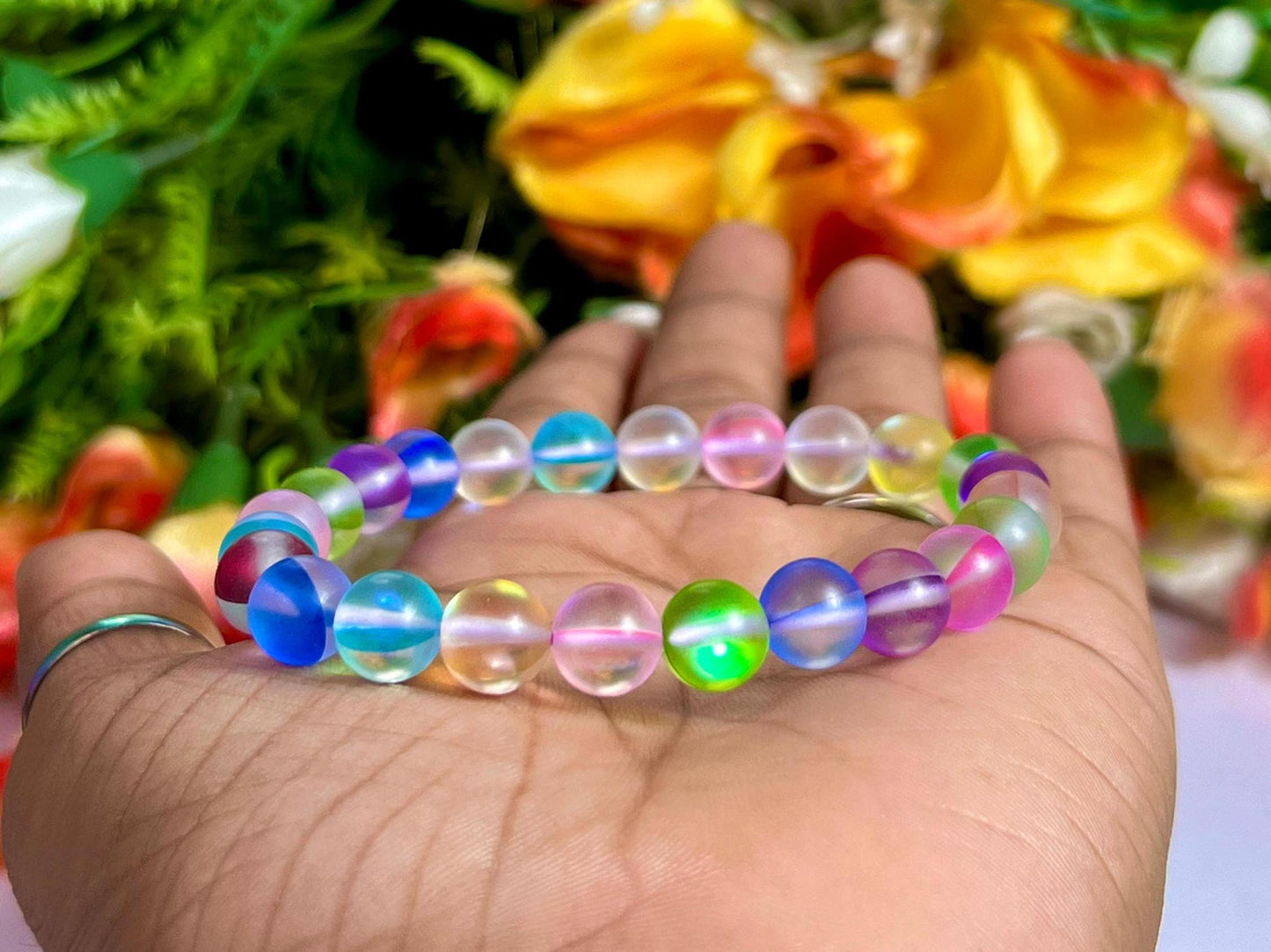 Rainbow Aurora Aura Quartz Stone Bracelet l Stretchable Bracelet l Unisex Bracelet l 8 MM Bracelet