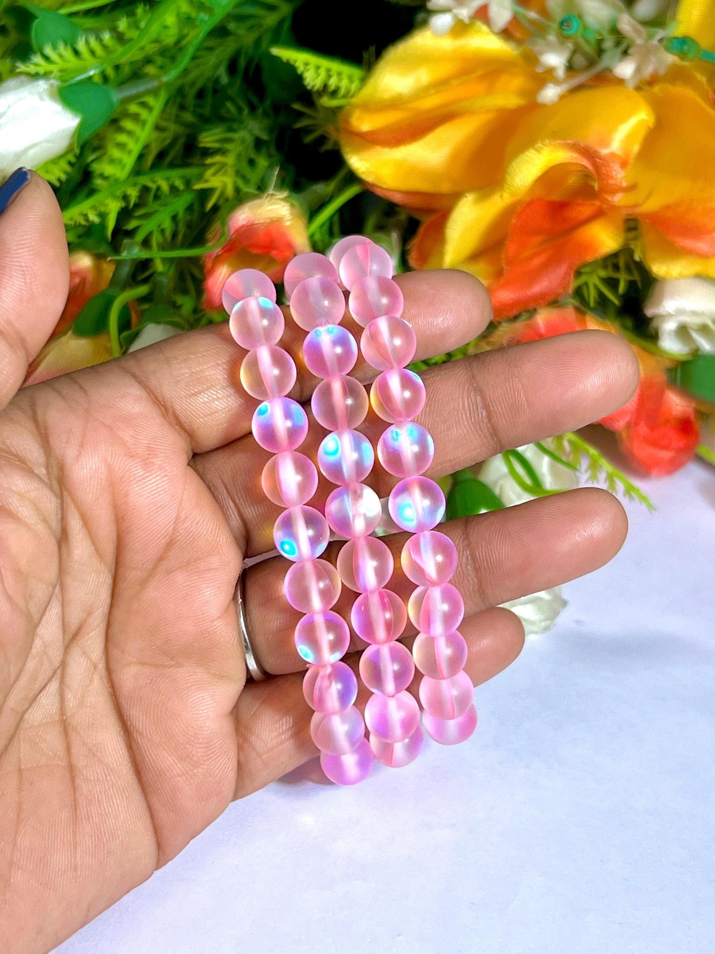 Pink Rose Aura Quartz Stone Bracelet l Stretchable Bracelet l Unisex Bracelet l 8 MM Bracelet