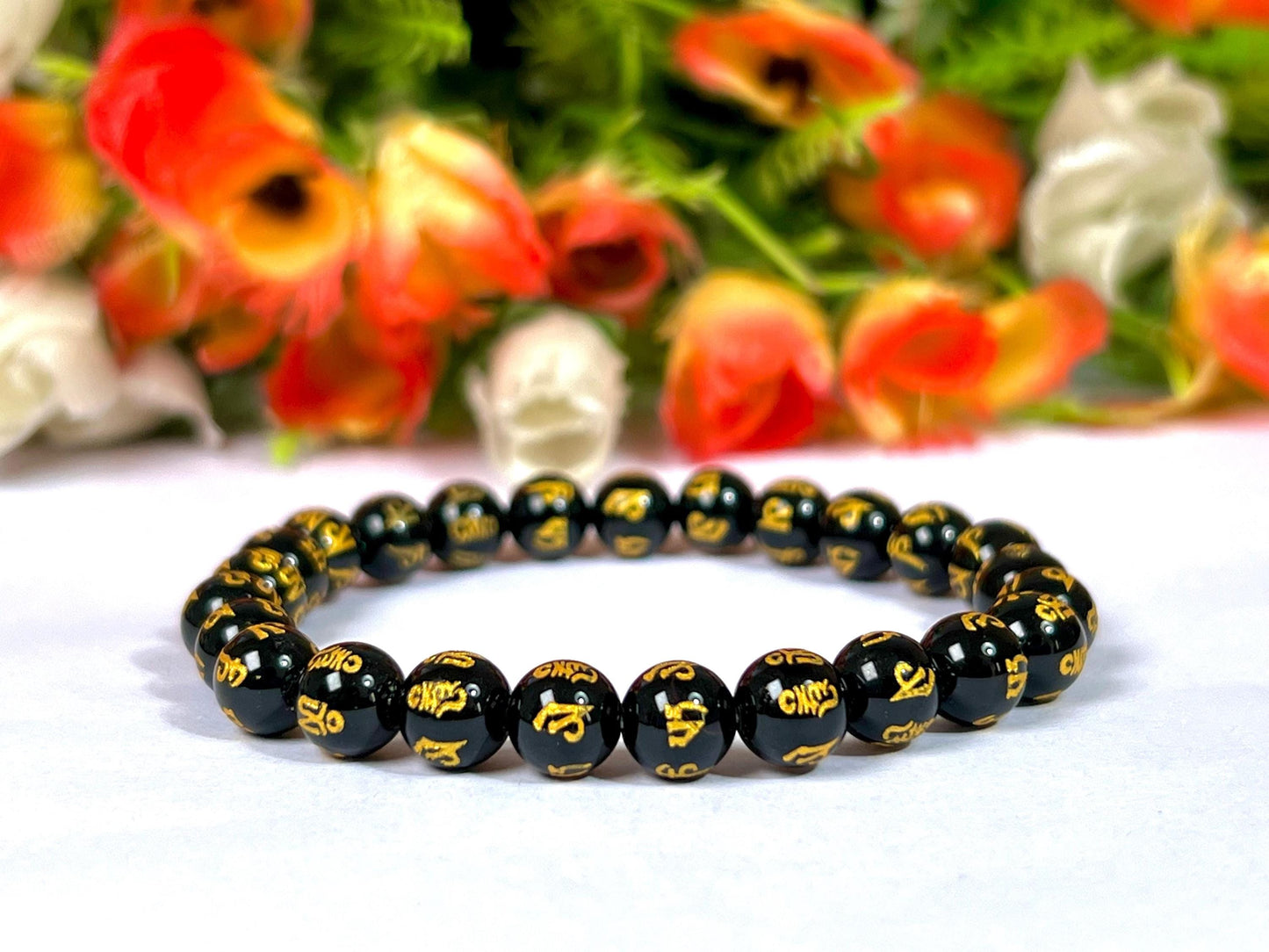 Black Obsidian Om Mani Padme Hum Stone Bracelet l Stretchable Bracelet l Unisex Bracelet l 8 MM Bracelet