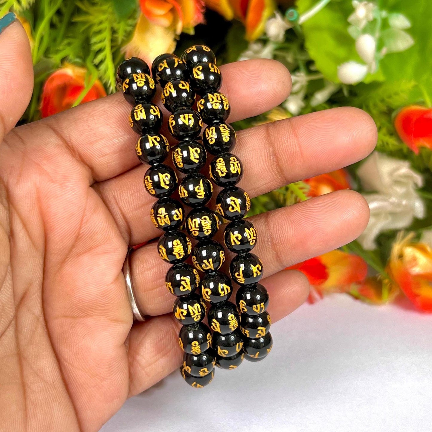 Black Obsidian Om Mani Padme Hum Stone Bracelet l Stretchable Bracelet l Unisex Bracelet l 8 MM Bracelet