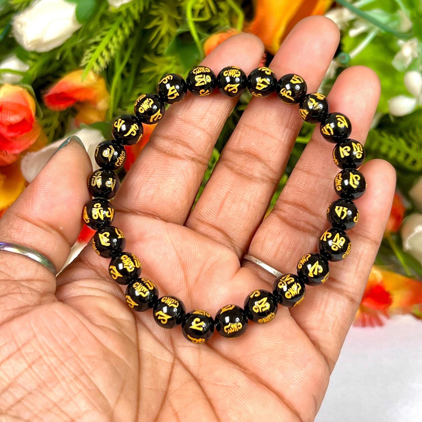 Black Obsidian Om Mani Padme Hum Stone Bracelet l Stretchable Bracelet l Unisex Bracelet l 8 MM Bracelet