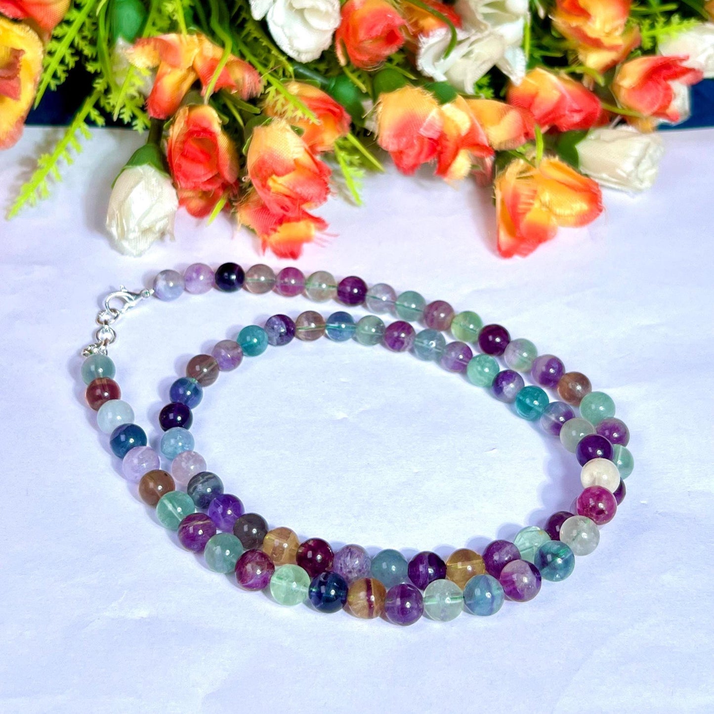 8 MM Rainbow Green Fluorite Stone Necklace 24 Inch