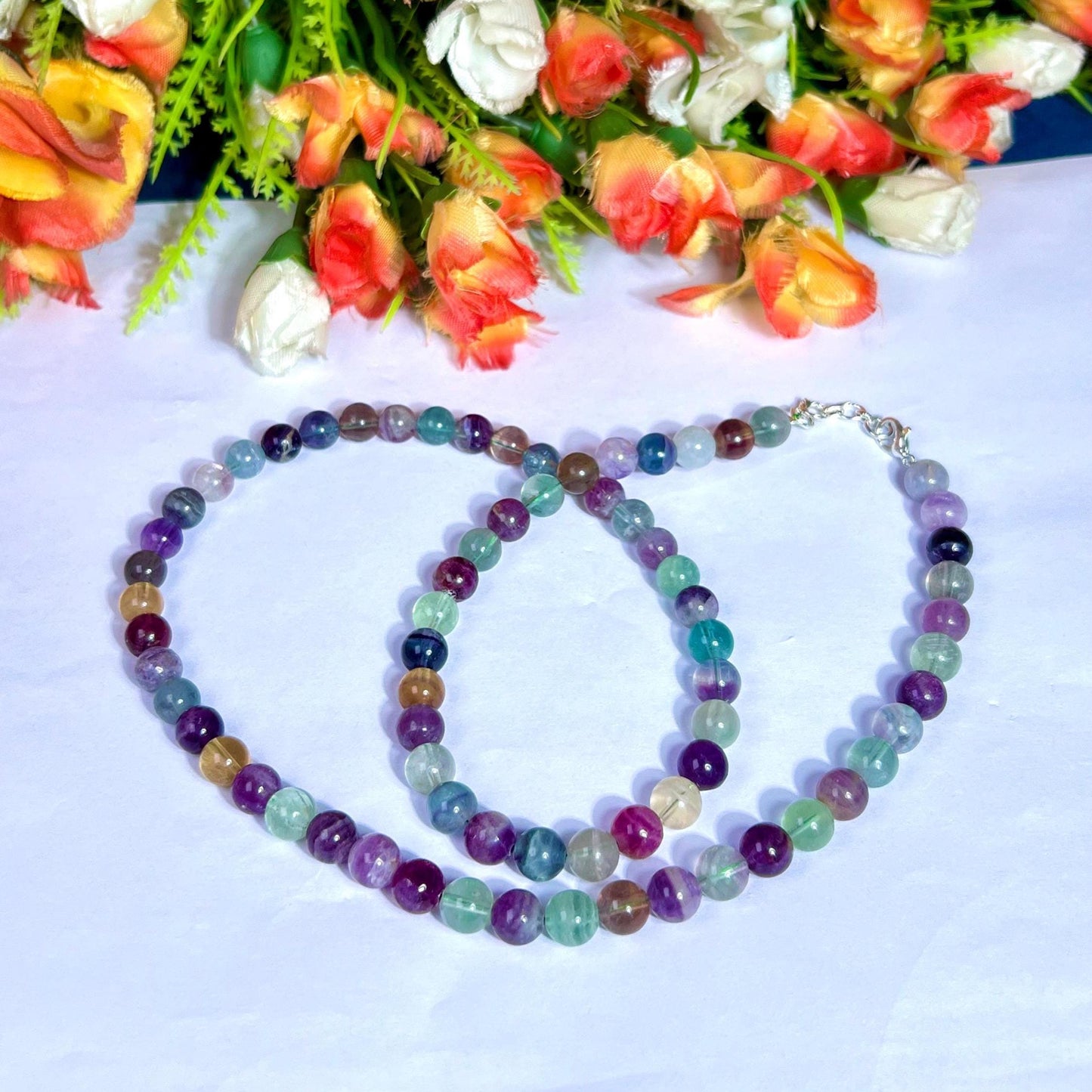 8 MM Rainbow Green Fluorite Stone Necklace 24 Inch