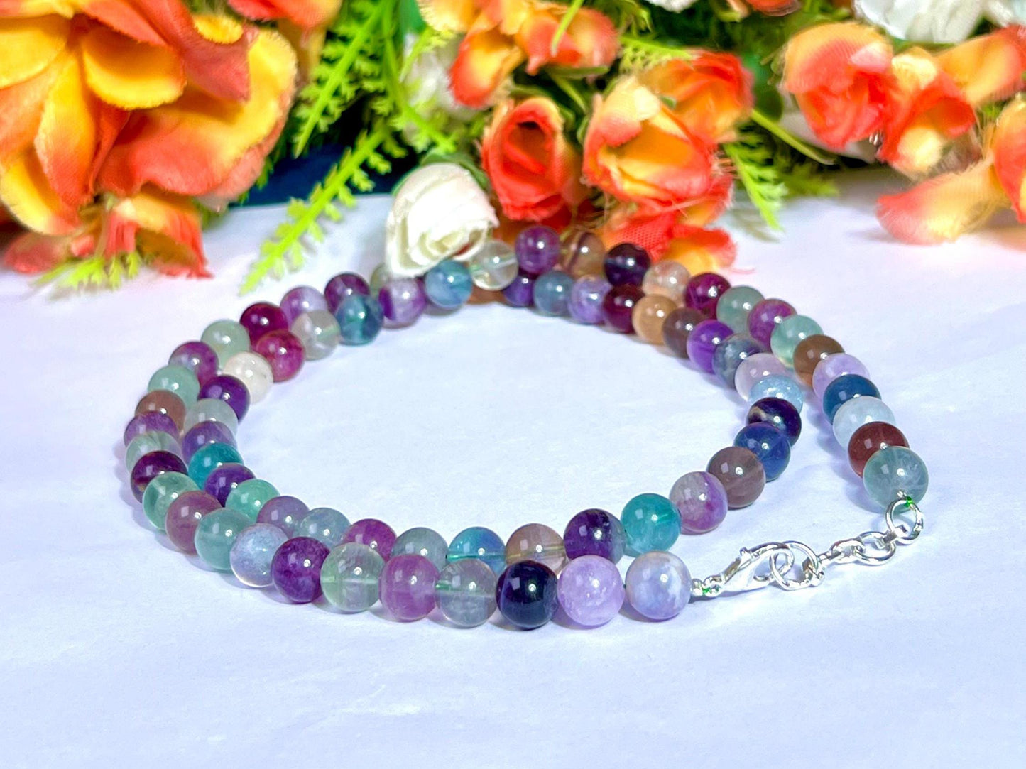 8 MM Rainbow Green Fluorite Stone Necklace 24 Inch