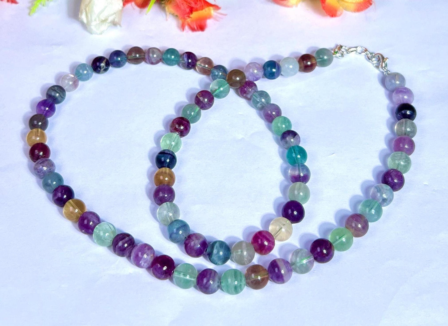 8 MM Rainbow Green Fluorite Stone Necklace 24 Inch
