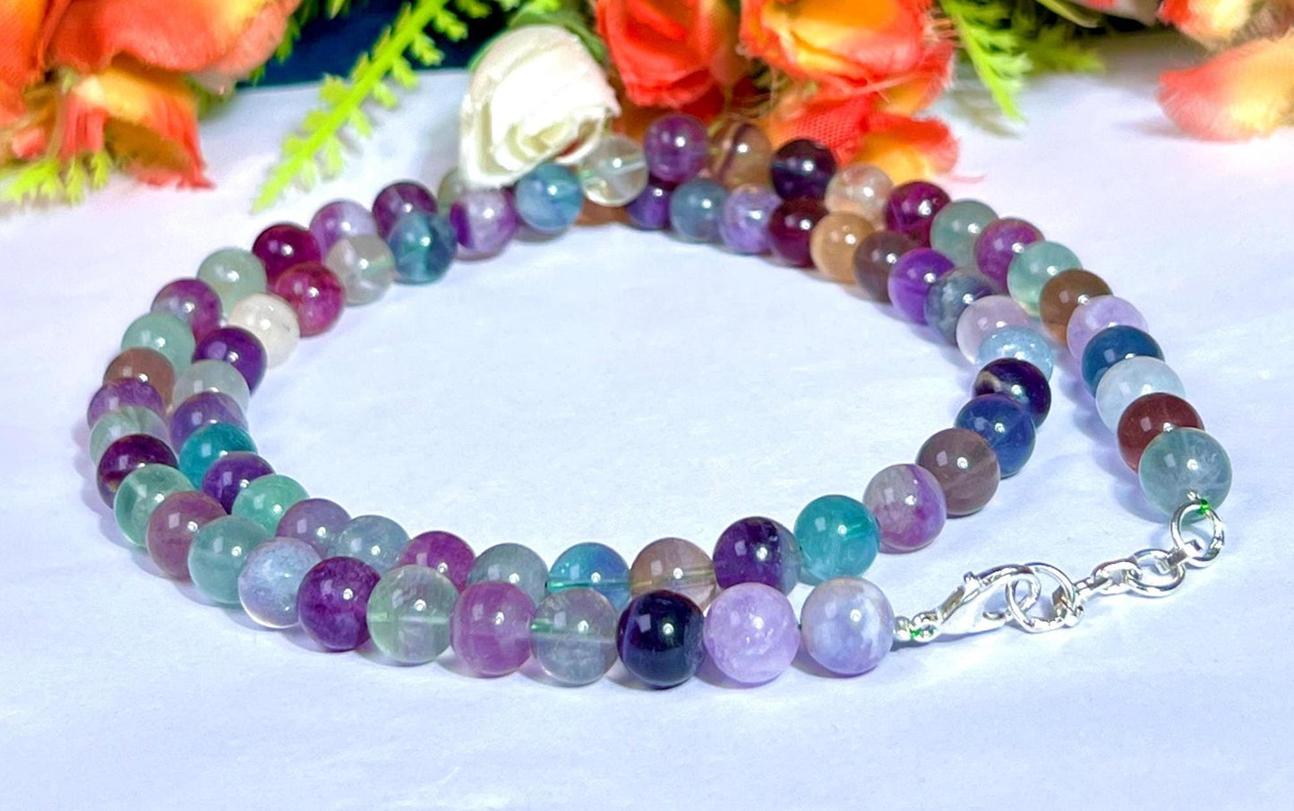 8 MM Rainbow Green Fluorite Stone Necklace 24 Inch