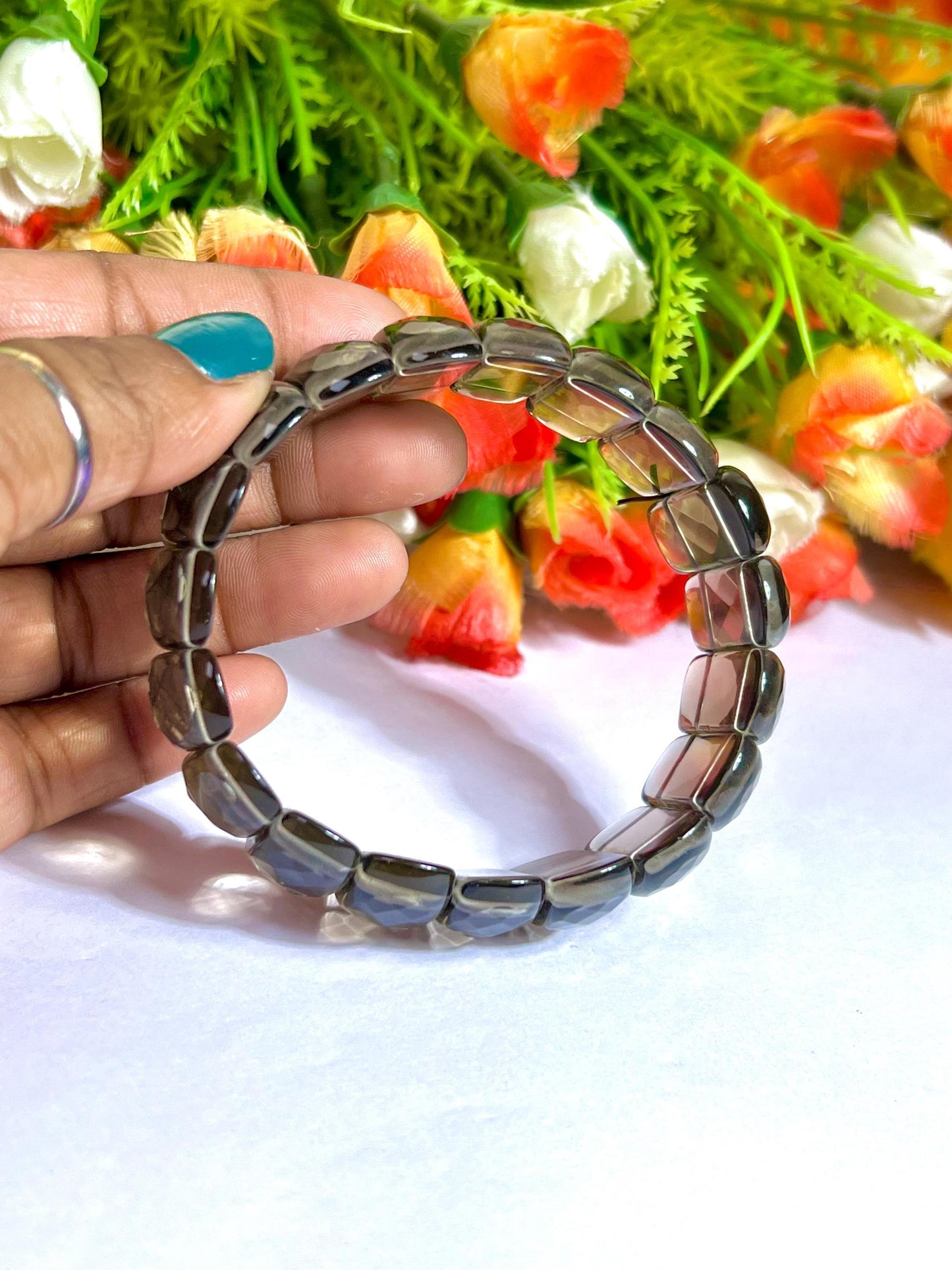 25 MM Smoky Quartz Stone Bracelet l Stretchable Bracelet