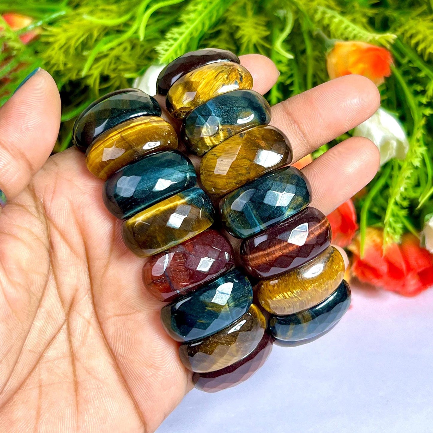 25 MM 3 Color Tiger Eye Stone Bracelet l Blue Tiger Eye ,Red Tiger Eye and Yellow Tiger Eye l Stretchable Bracelet High Grade