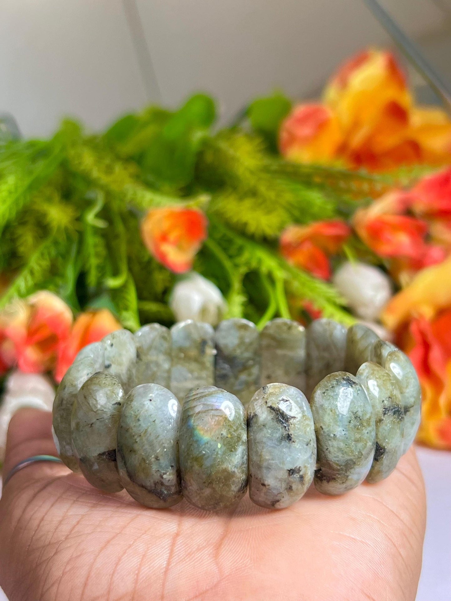 25 MM Rainbow Labradorite Stone Bracelet l Stretchable Bracelet