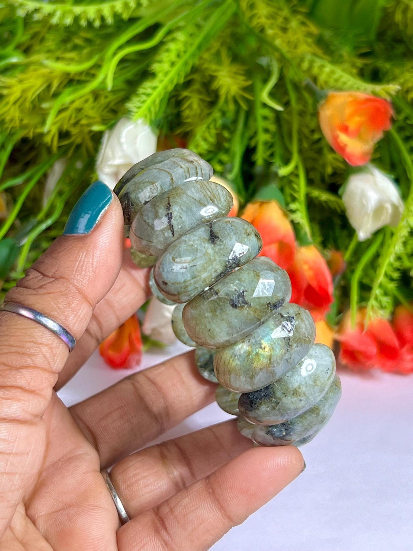 25 MM Rainbow Labradorite Stone Bracelet l Stretchable Bracelet