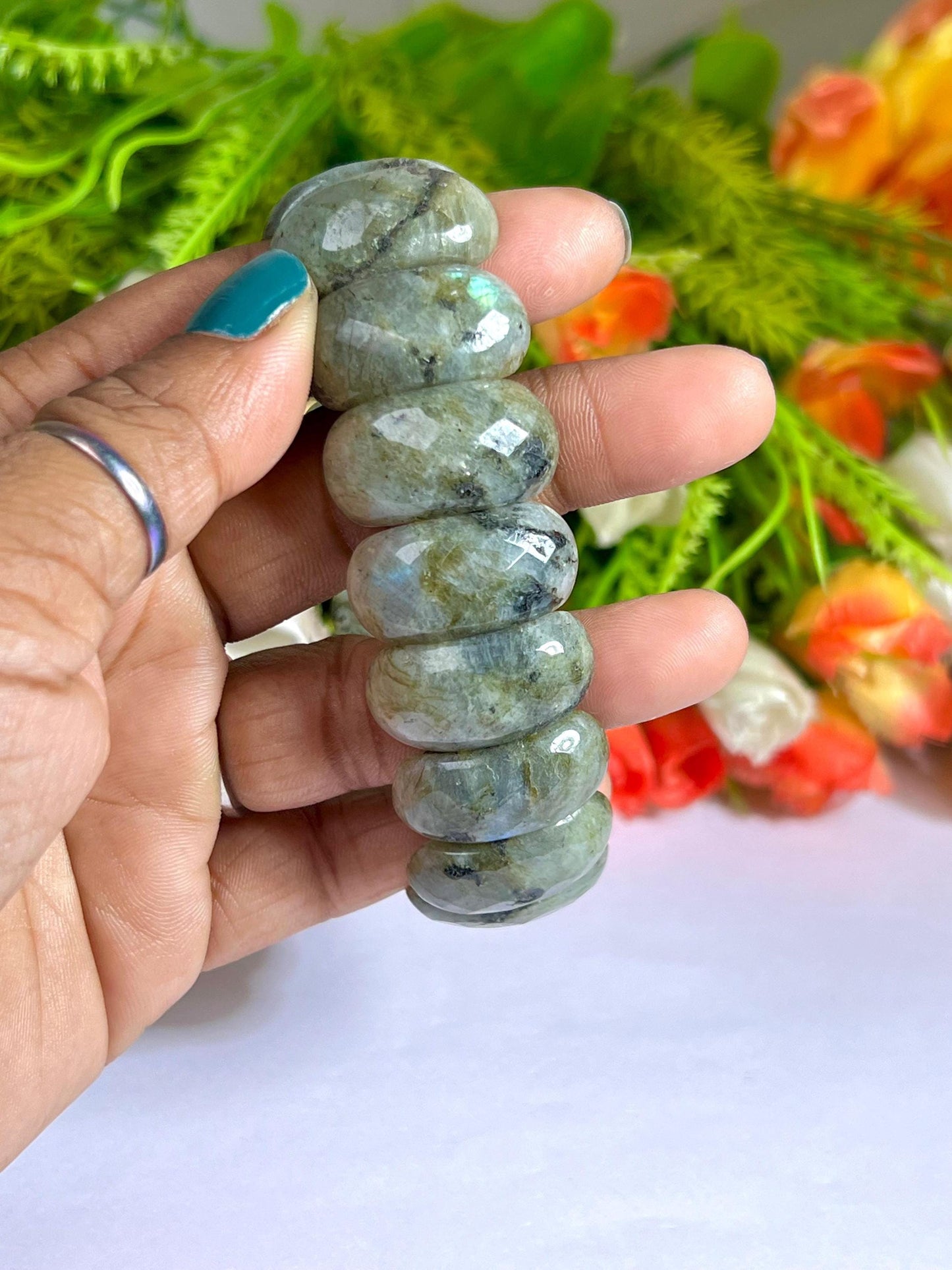 25 MM Rainbow Labradorite Stone Bracelet l Stretchable Bracelet