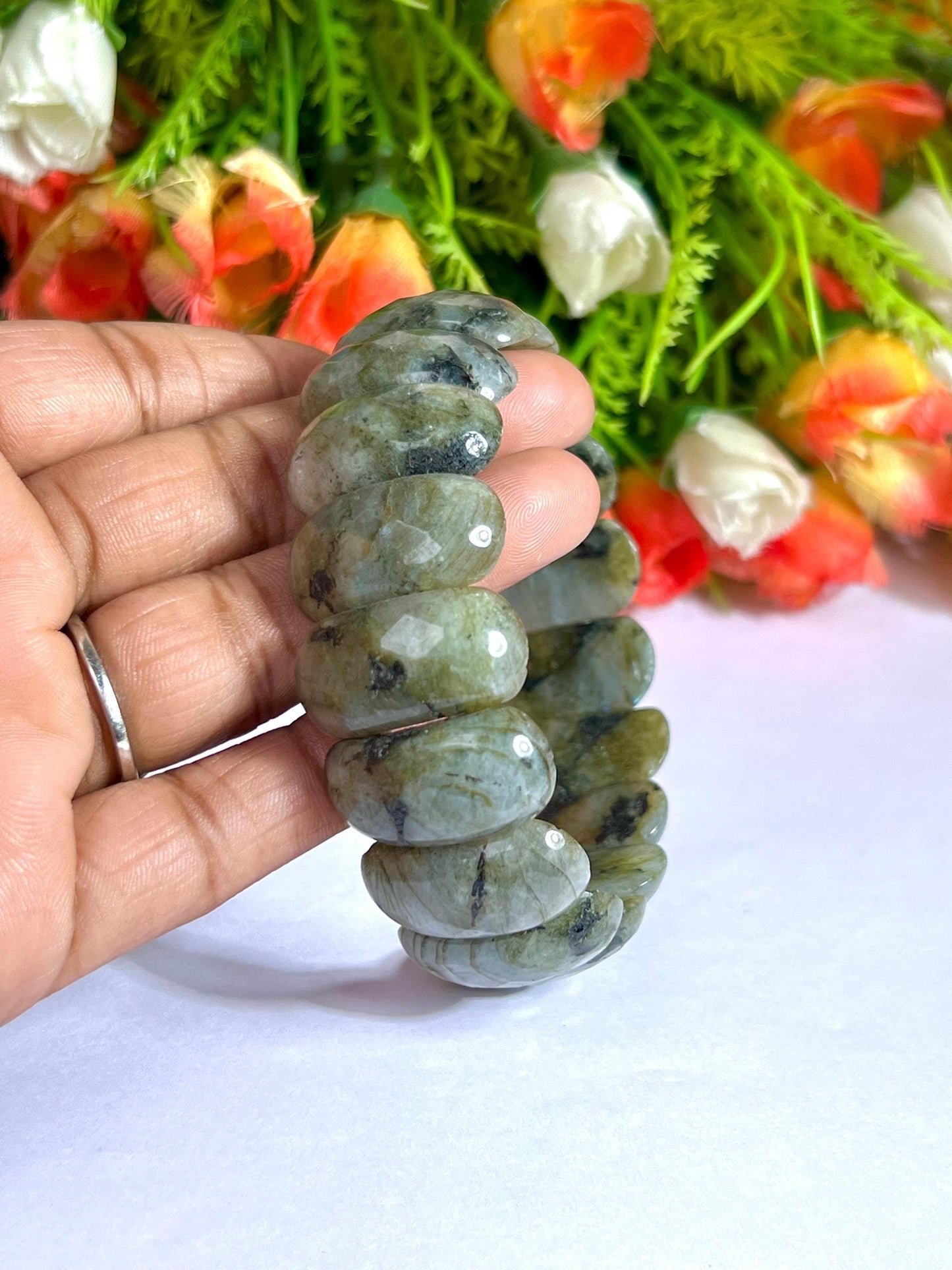 25 MM Rainbow Labradorite Stone Bracelet l Stretchable Bracelet