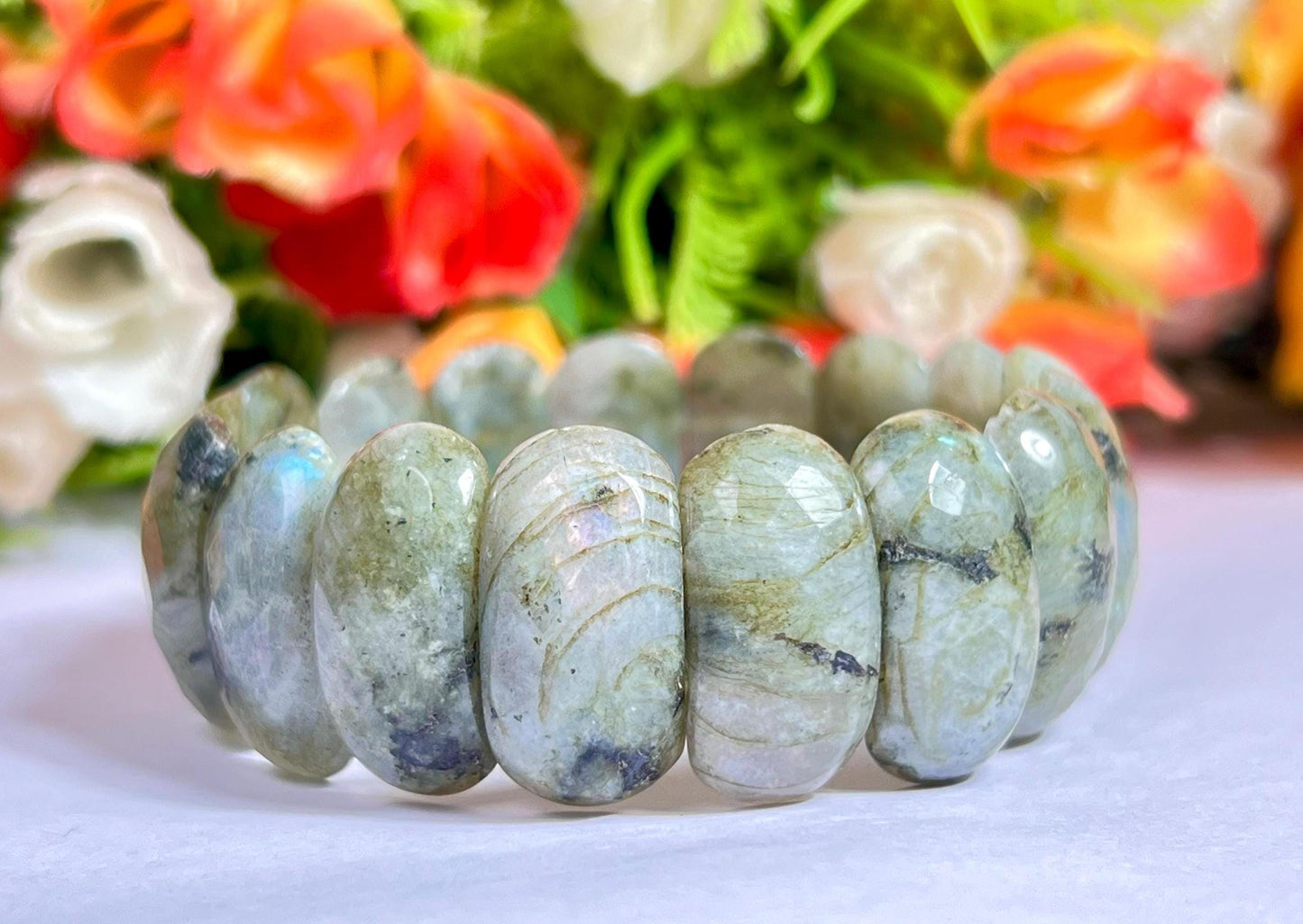 25 MM Rainbow Labradorite Stone Bracelet l Stretchable Bracelet