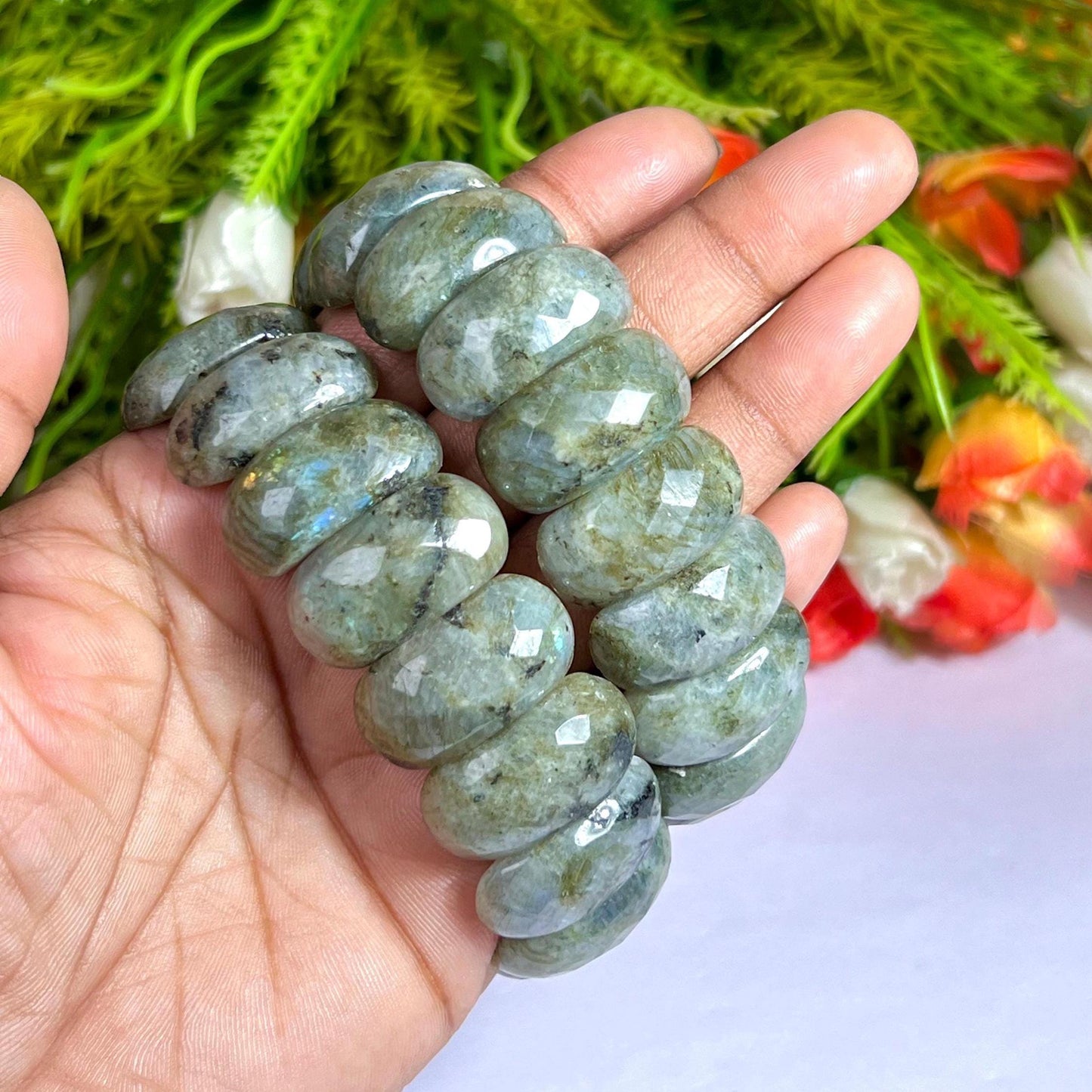 25 MM Rainbow Labradorite Stone Bracelet l Stretchable Bracelet