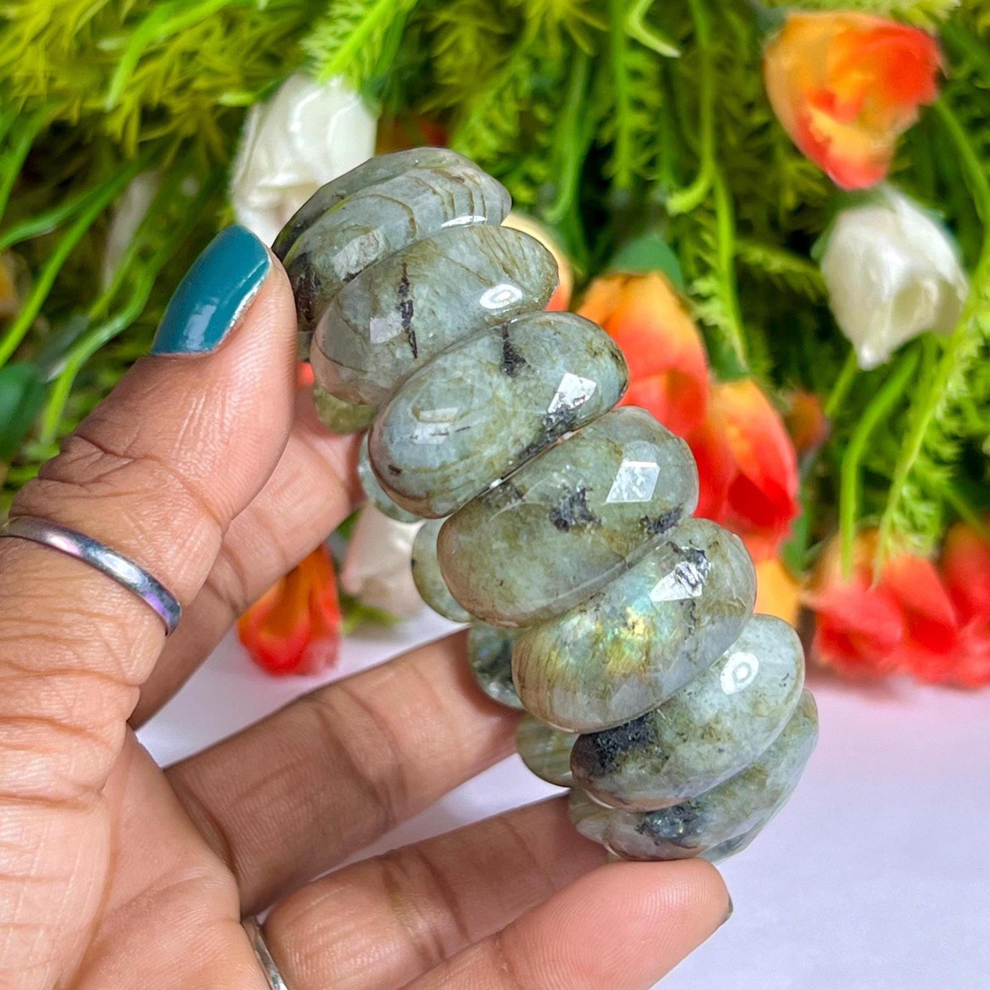 25 MM Rainbow Labradorite Stone Bracelet l Stretchable Bracelet