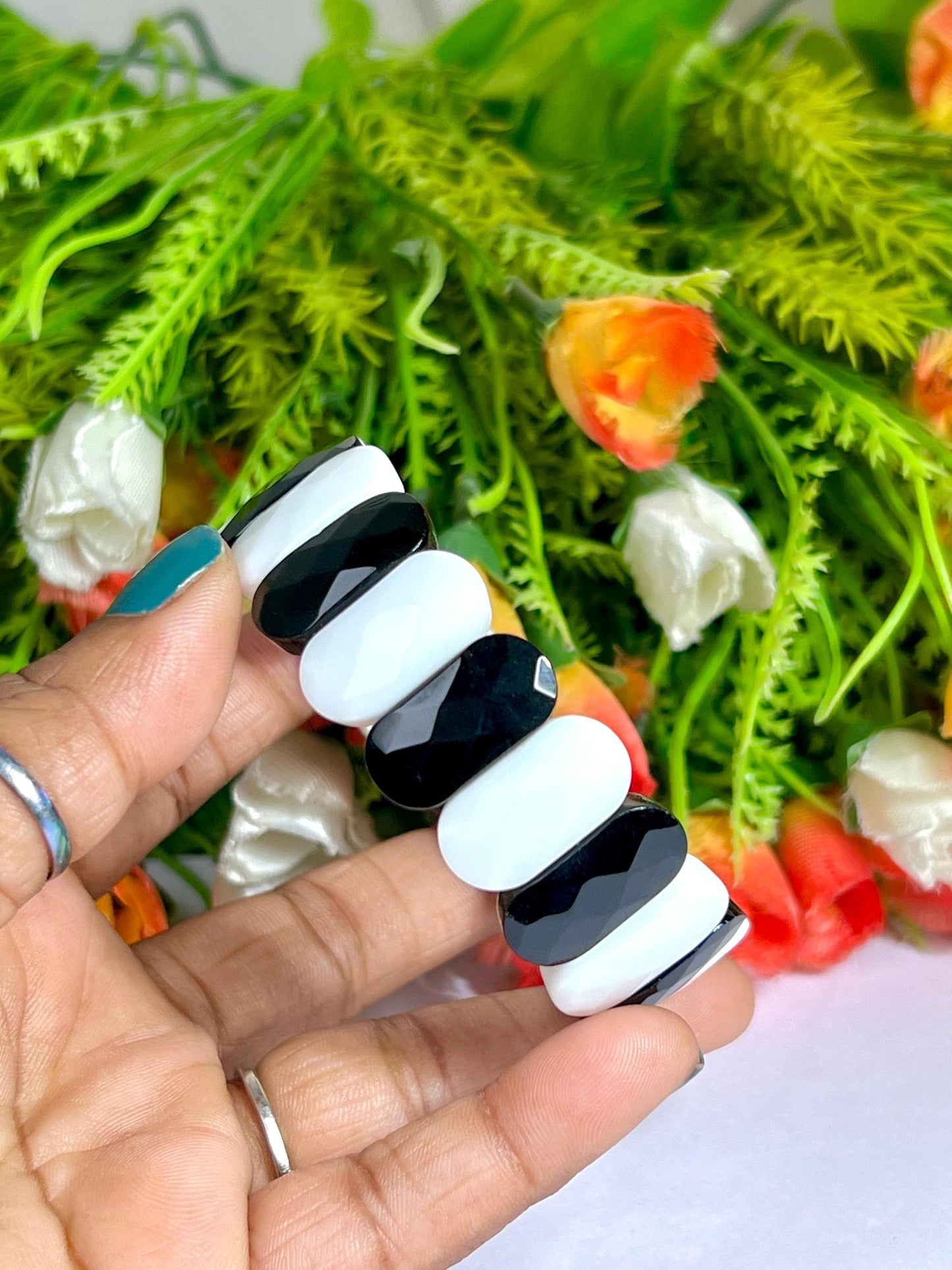 20 MM Black Azeztulite and White Azeztulite Stone Bracelet l Stretchable Bracelet