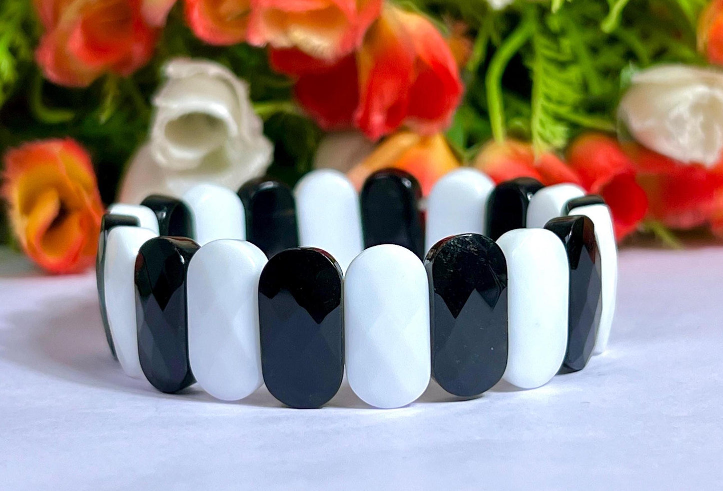 20 MM Black Azeztulite and White Azeztulite Stone Bracelet l Stretchable Bracelet